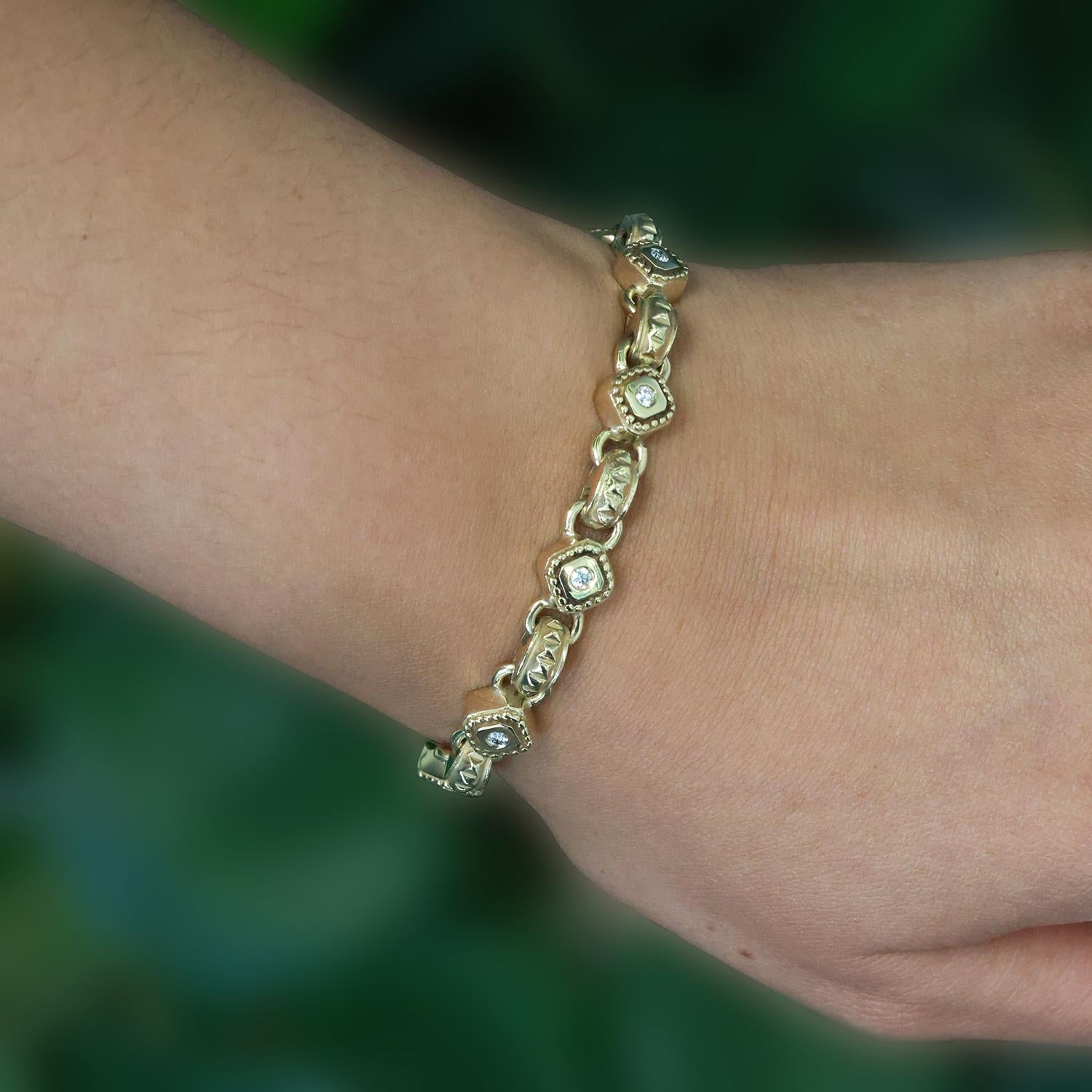 0.65 TW Diamond Station Bracelet 14K Yellow Gold 7.25" Vintage Estate