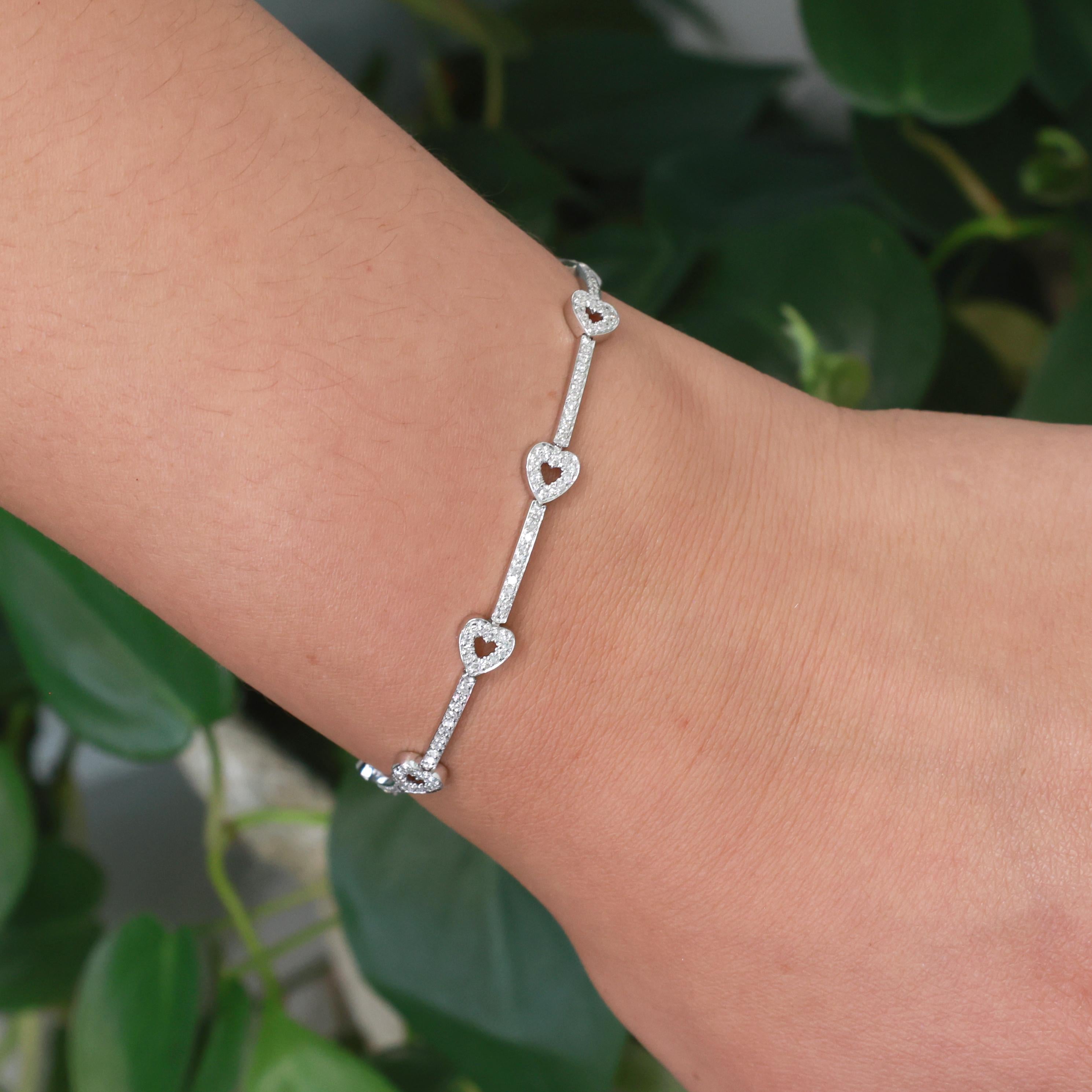 1.50 TW Diamond Heart Station Bar Link Bracelet 14K White Gold 7" Ladies