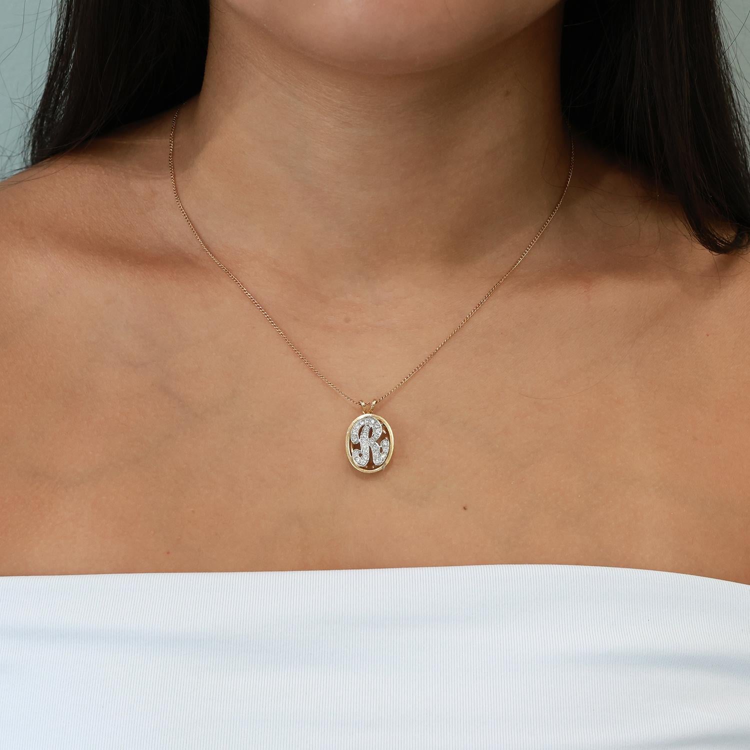 Fancy Letter R Diamond Oval Pendant 14K Gold 0.50 TW 0.90" Unisex Estate