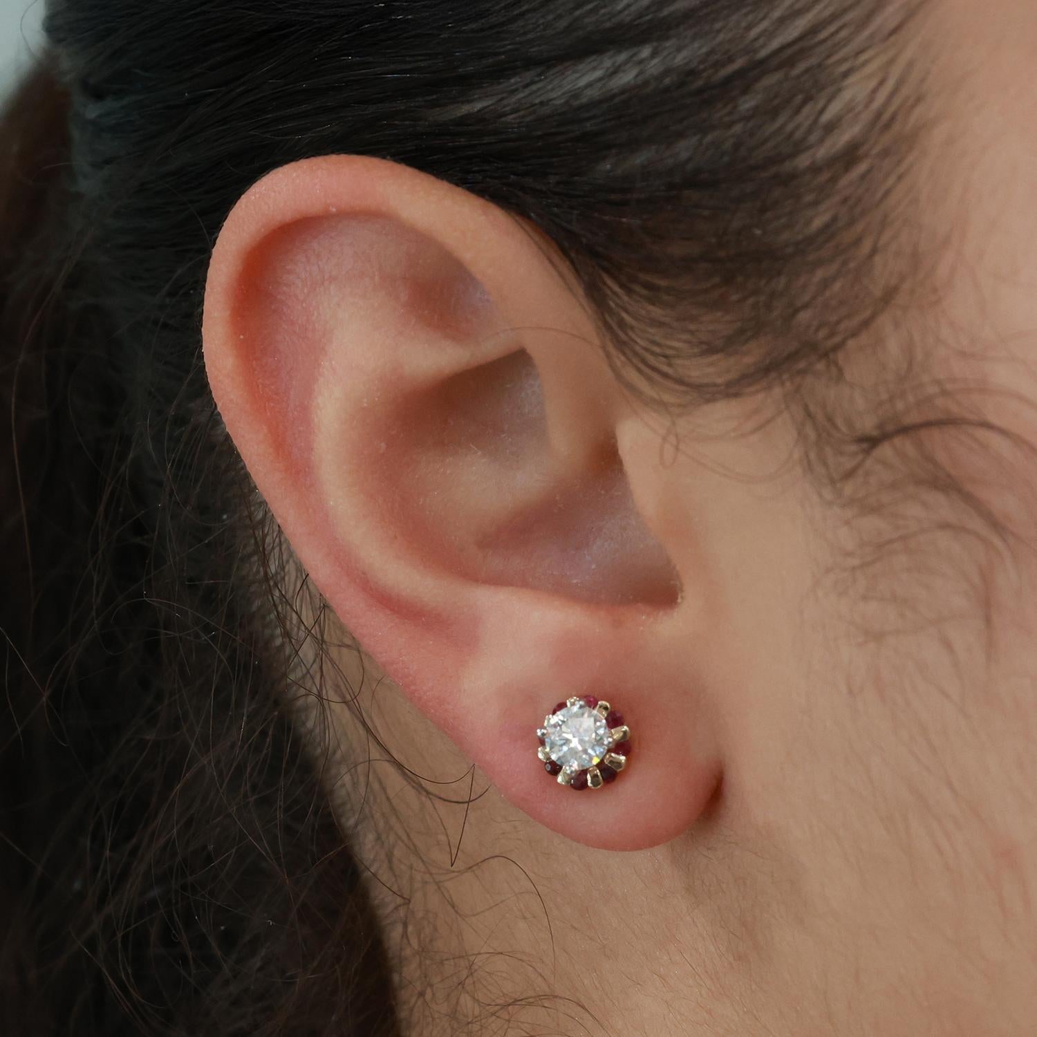 0.32 CTW Ruby Flower Earring Jackets 14K Yellow Gold 3 mm Studs Ladies Estate