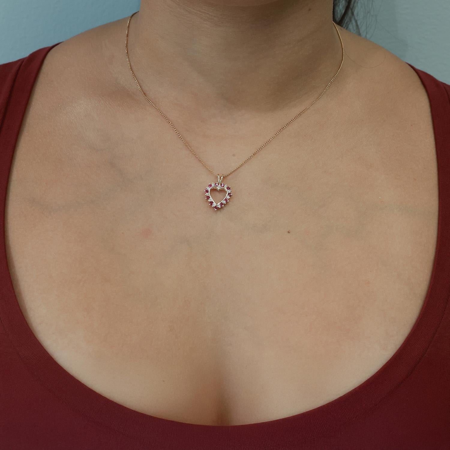 Ruby Diamond Open Heart Pendant Charm 14K Yellow Gold 0.69 CTW 0.80" Ladies