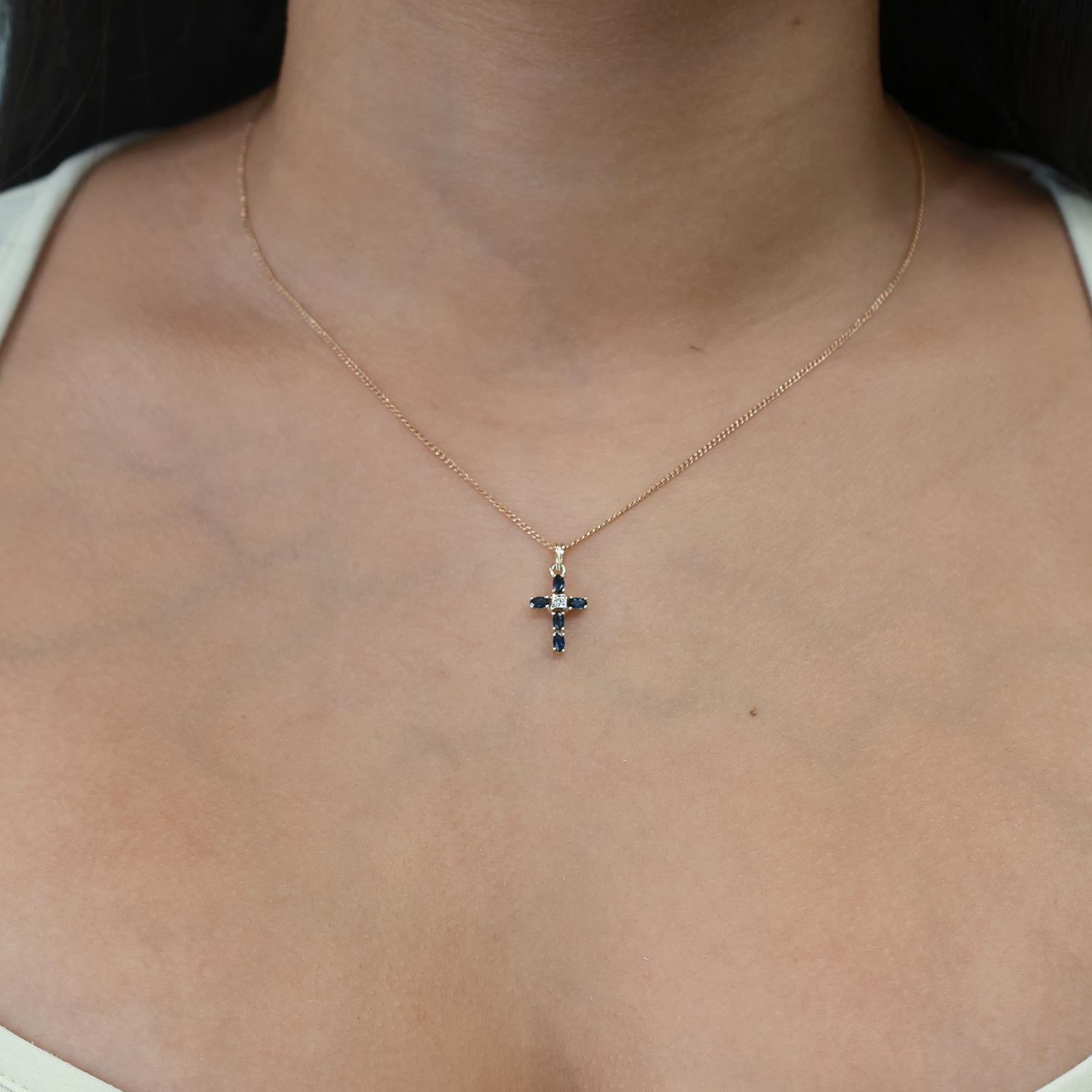 Religious Sapphire Diamond Cross Pendant 14K Gold 0.36 CTW 0.78" Estate