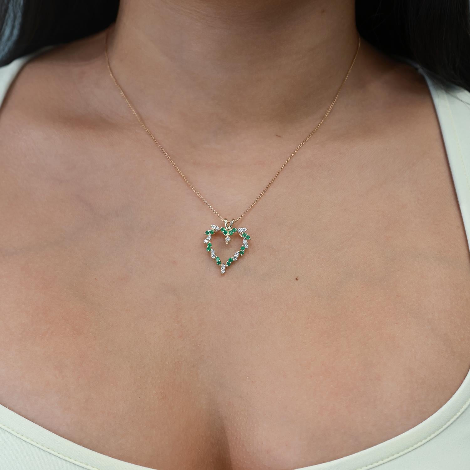 Emerald Diamond Open Heart Pendant 14K Yellow Gold 0.65 CTW 0.98" Ladies Estate