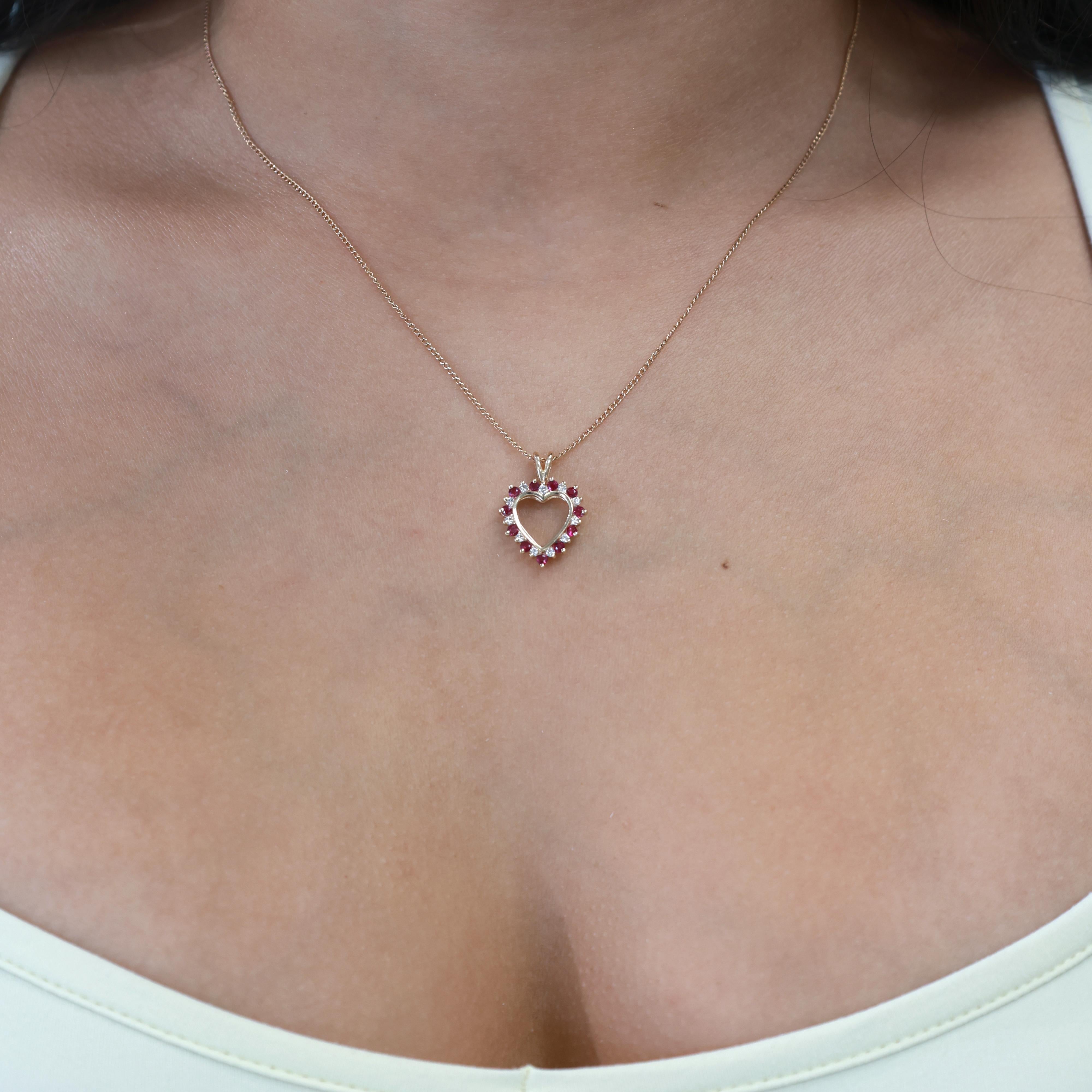 Ruby Diamond Open Heart Pendant Charm 14K Yellow Gold 0.66 CTW 0.80" Ladies