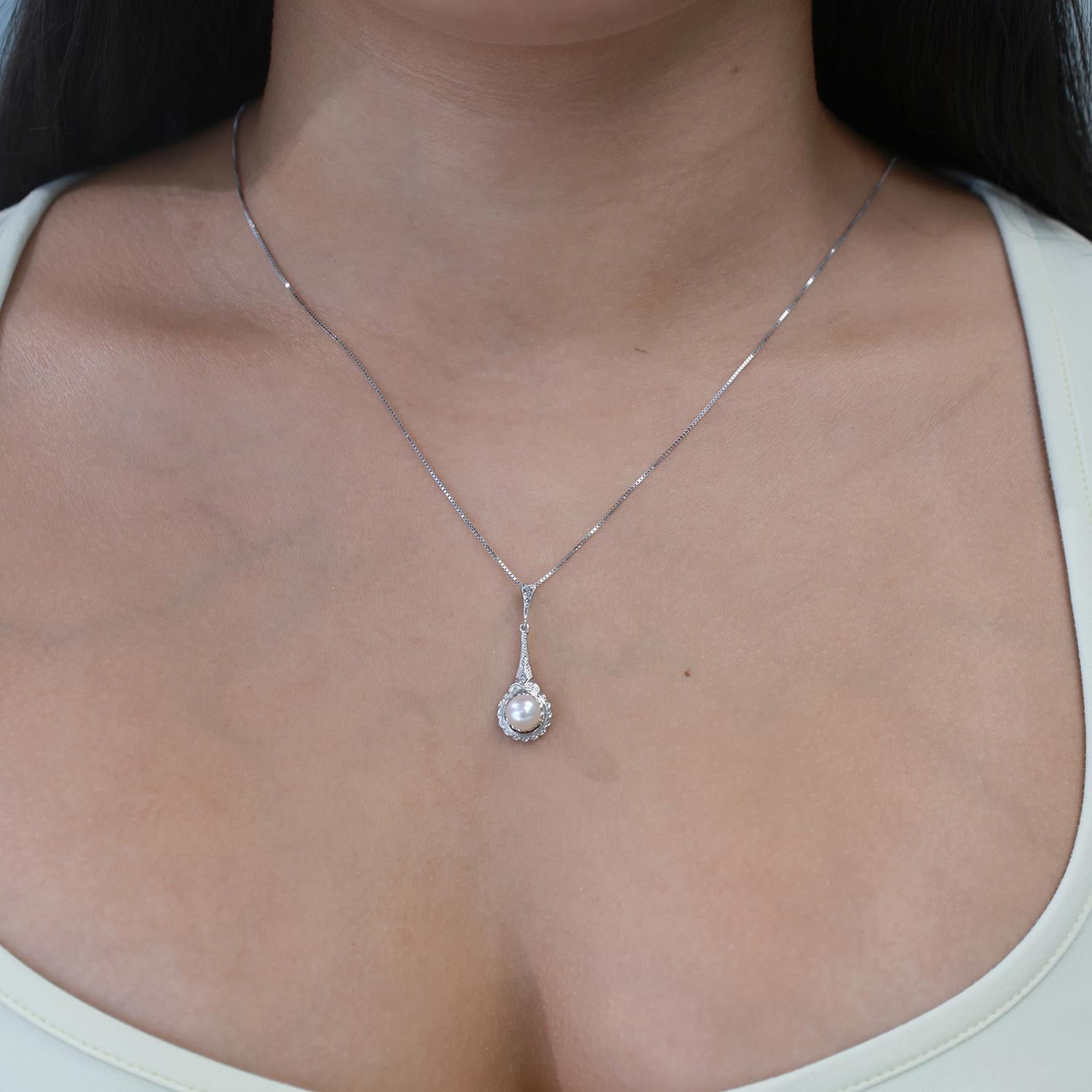 Vintage Pearl Diamond Pendant 14K White Gold 1.20" Ladies Estate