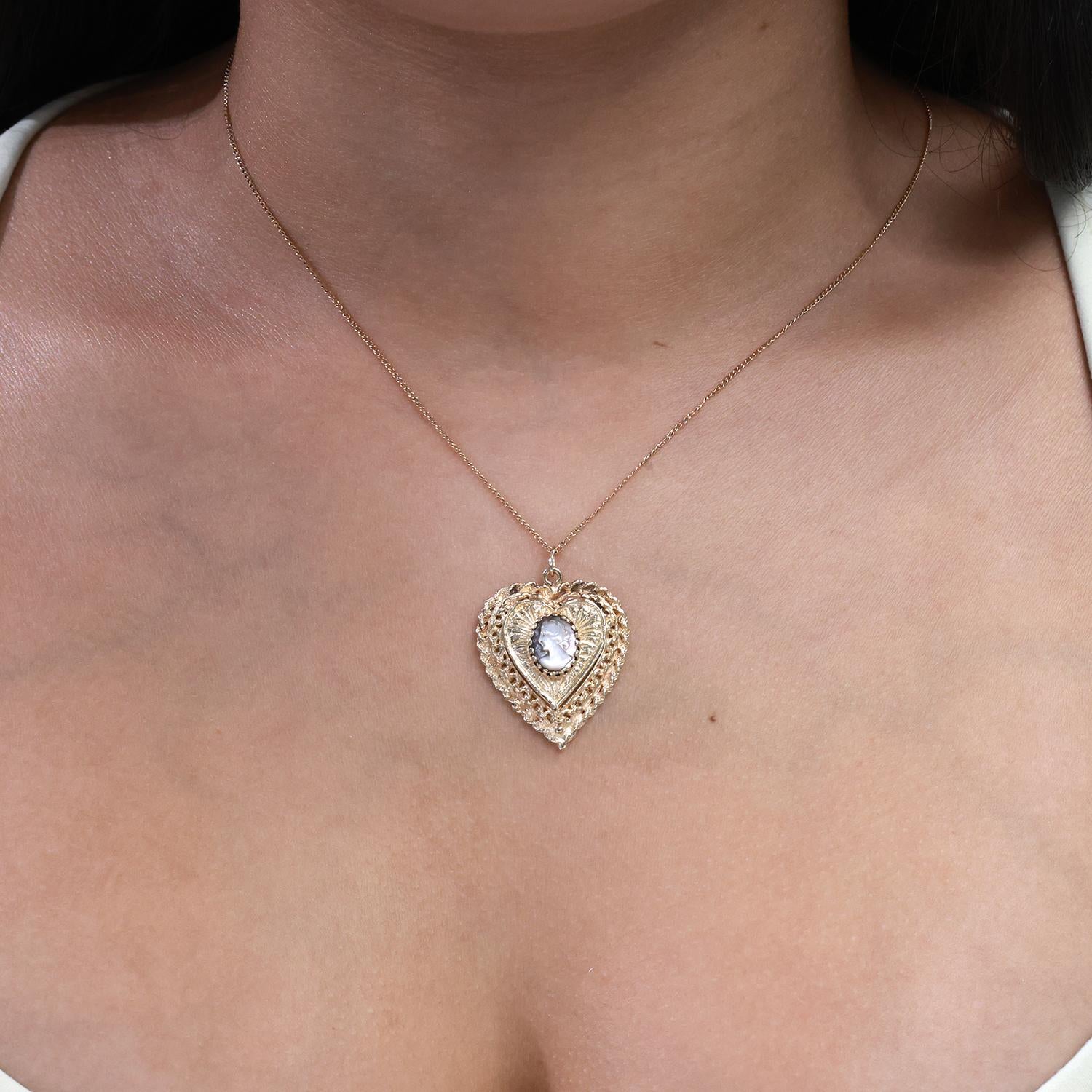 Vintage Cameo Heart Locket Pendant Charm 14K Yellow Gold Filigree Design 1.45"