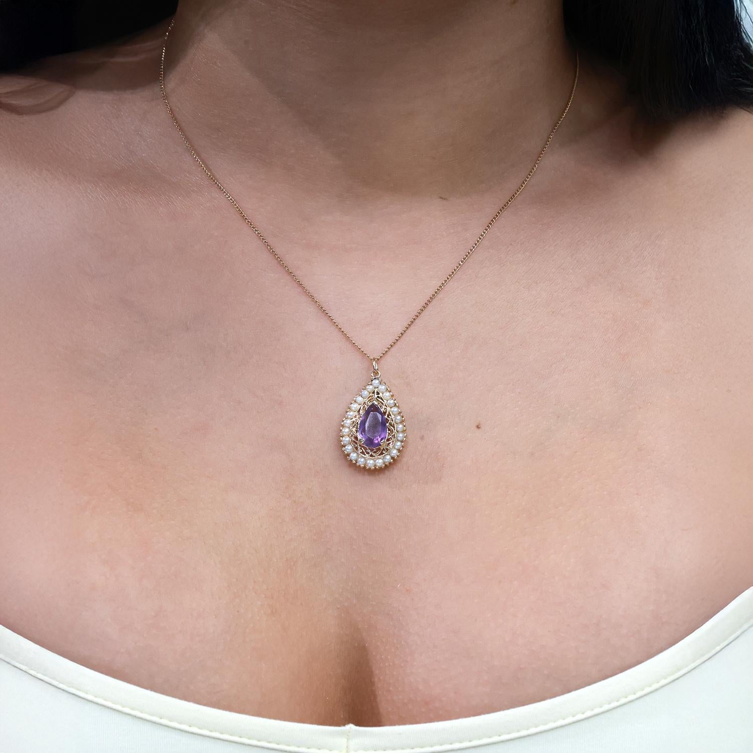 2.60 CT Amethyst Pearl Accent Teardrop Pendant 14K Yellow Gold 1.20" Estate