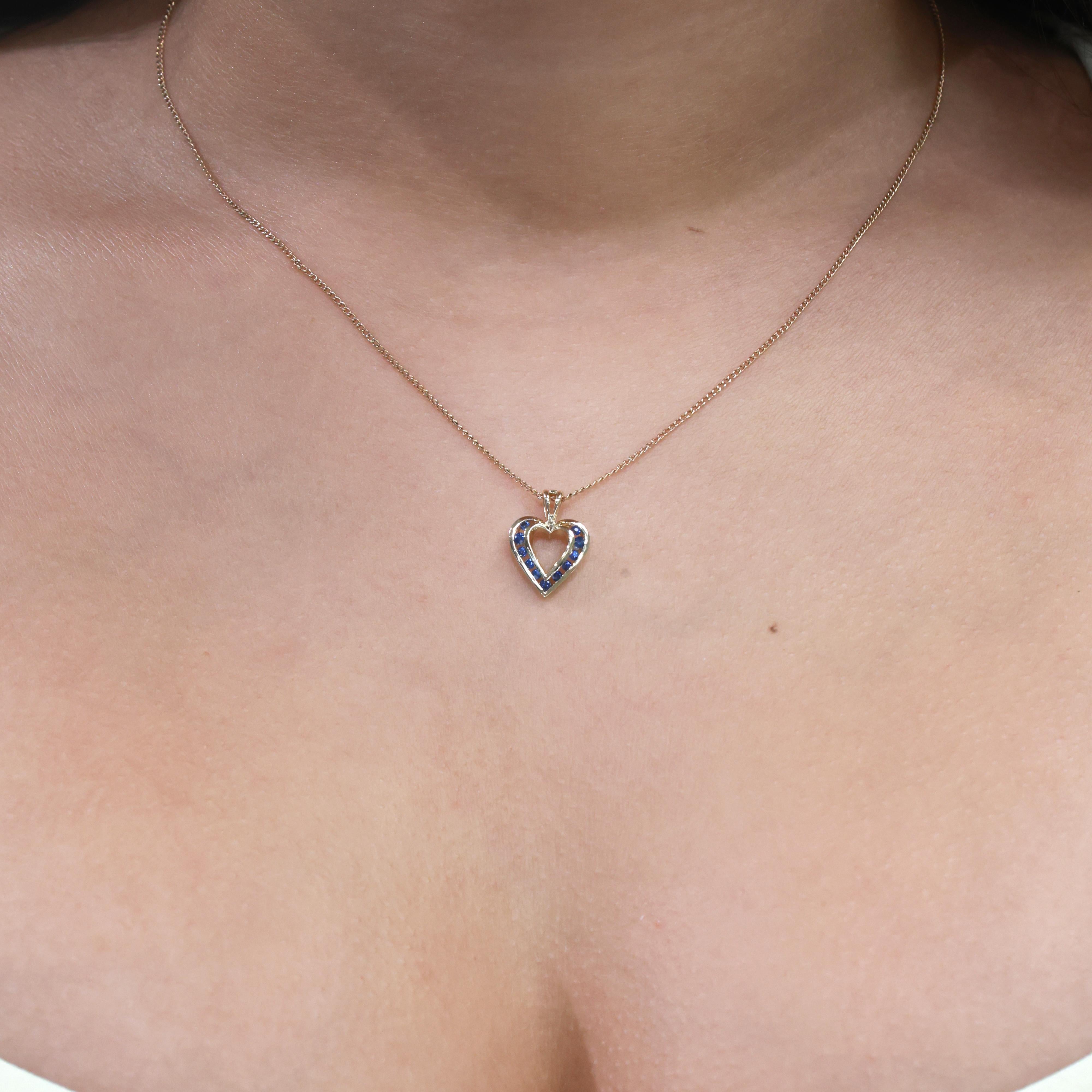 Blue Sapphire Open Heart Pendant Charm 14K Yellow Gold 0.33 CTW 0.65" Ladies