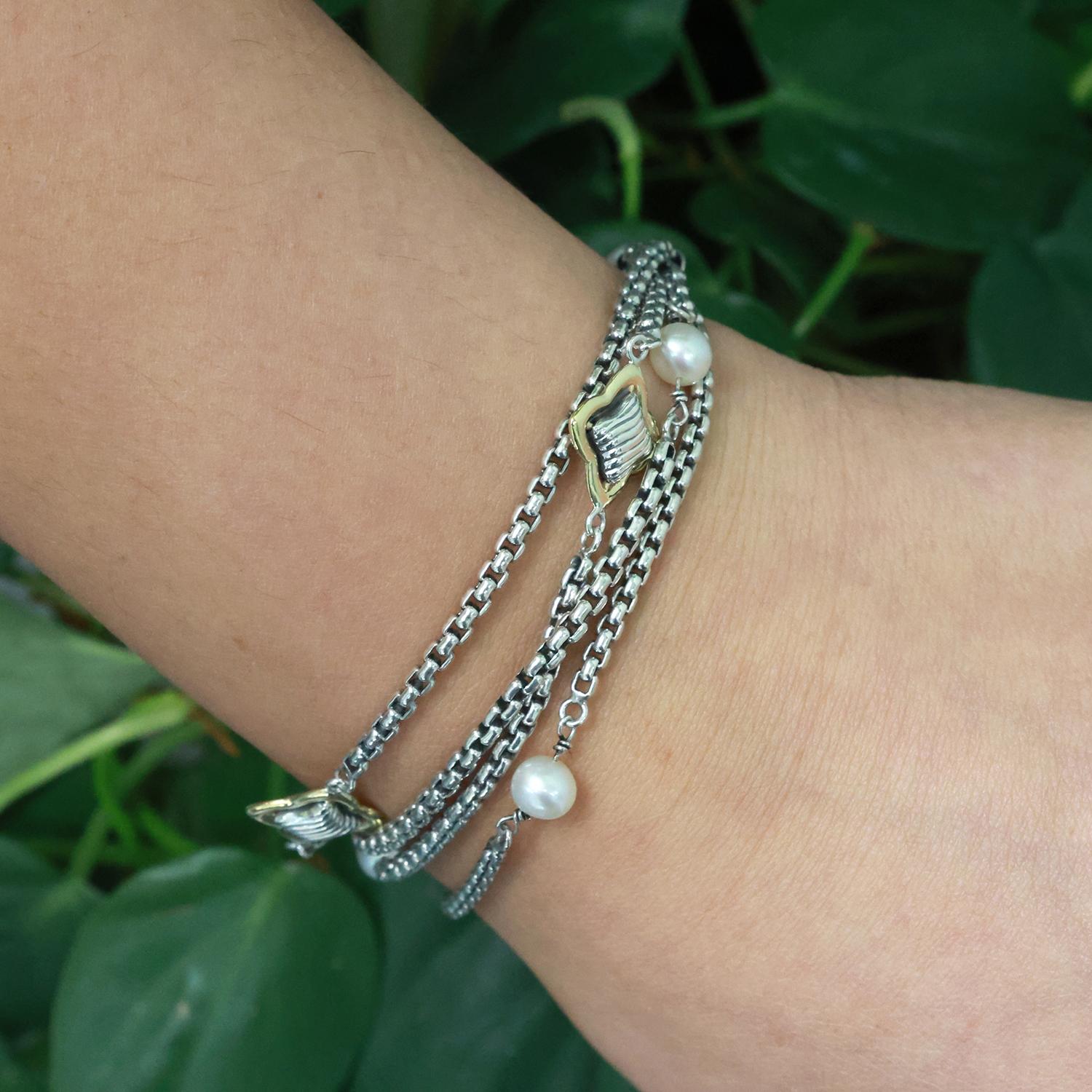 David Yurman Pearl MultiStrand Quatrefoil Bracelet Sterling Silver 18K Gold 7.5"