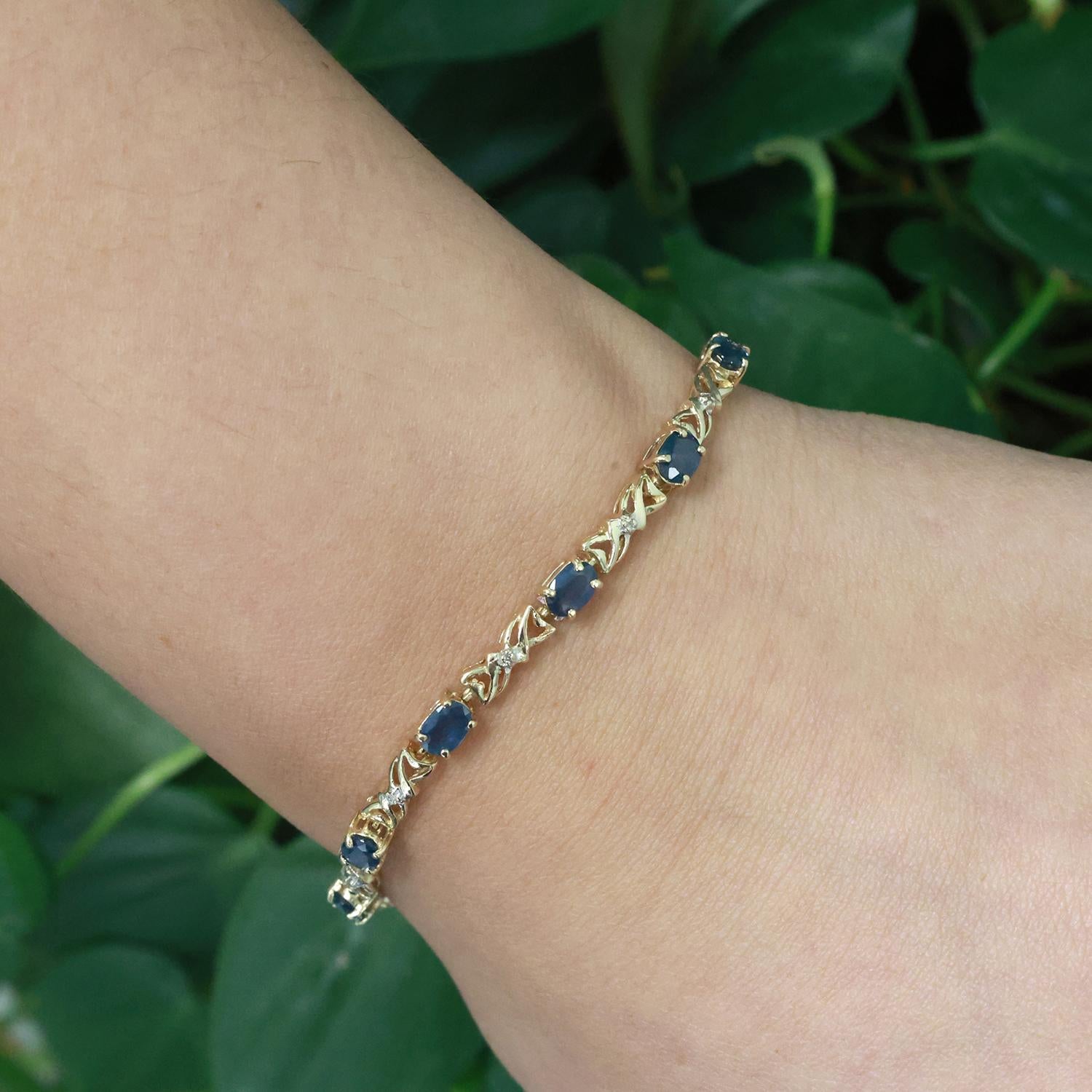 Blue Sapphire Diamond Station Bracelet 14K Yellow Gold 5.60 CTW 7.5" Estate