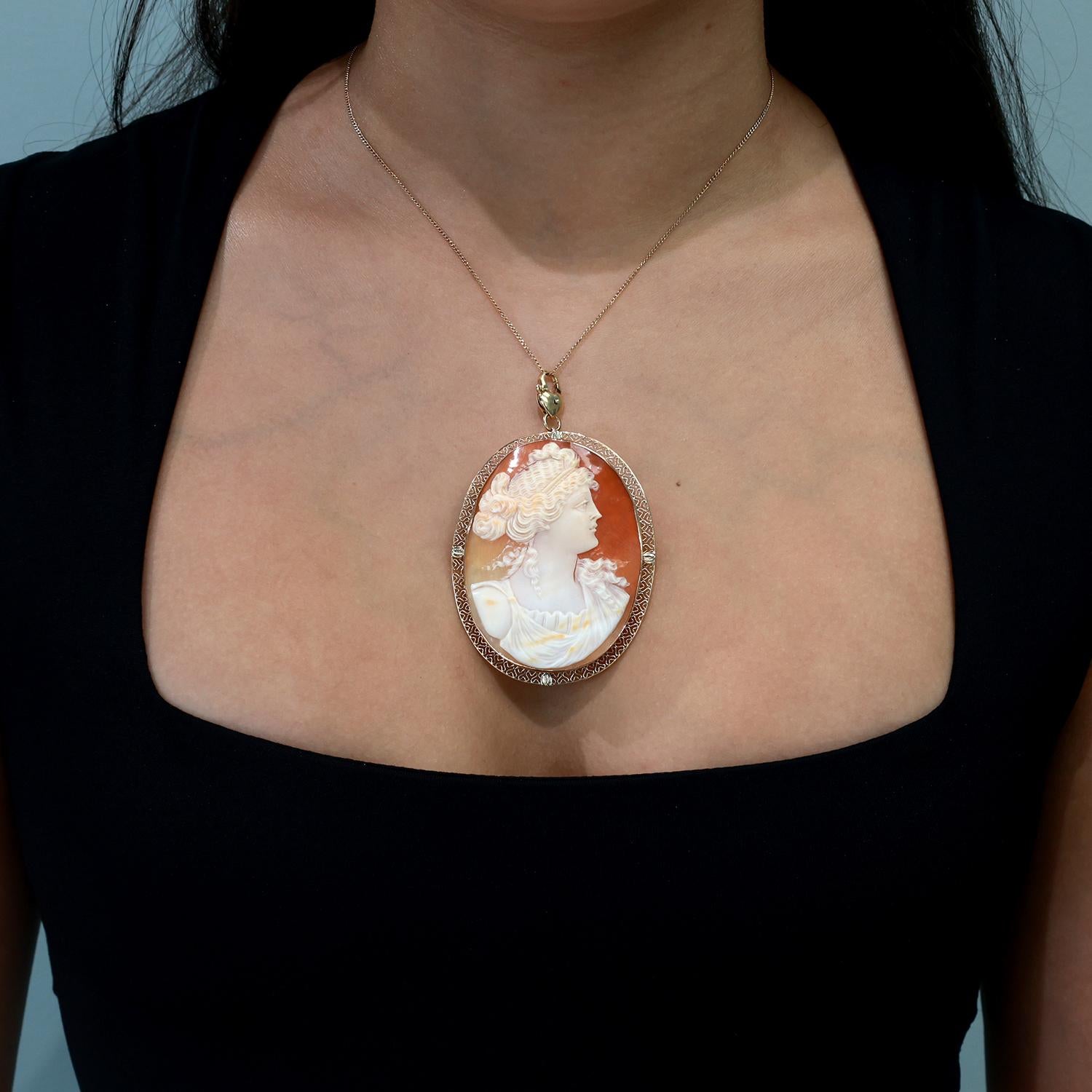 Vintage Cameo Brooch Pin Pendant Yellow Gold Frame 3.35" Ladies Estate