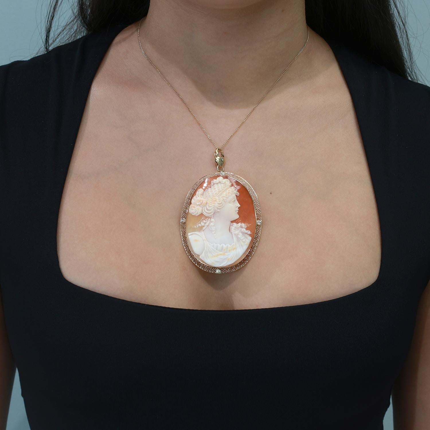 Vintage Cameo Brooch Pin Pendant Yellow Gold Filigree Frame 1.55" Ladies