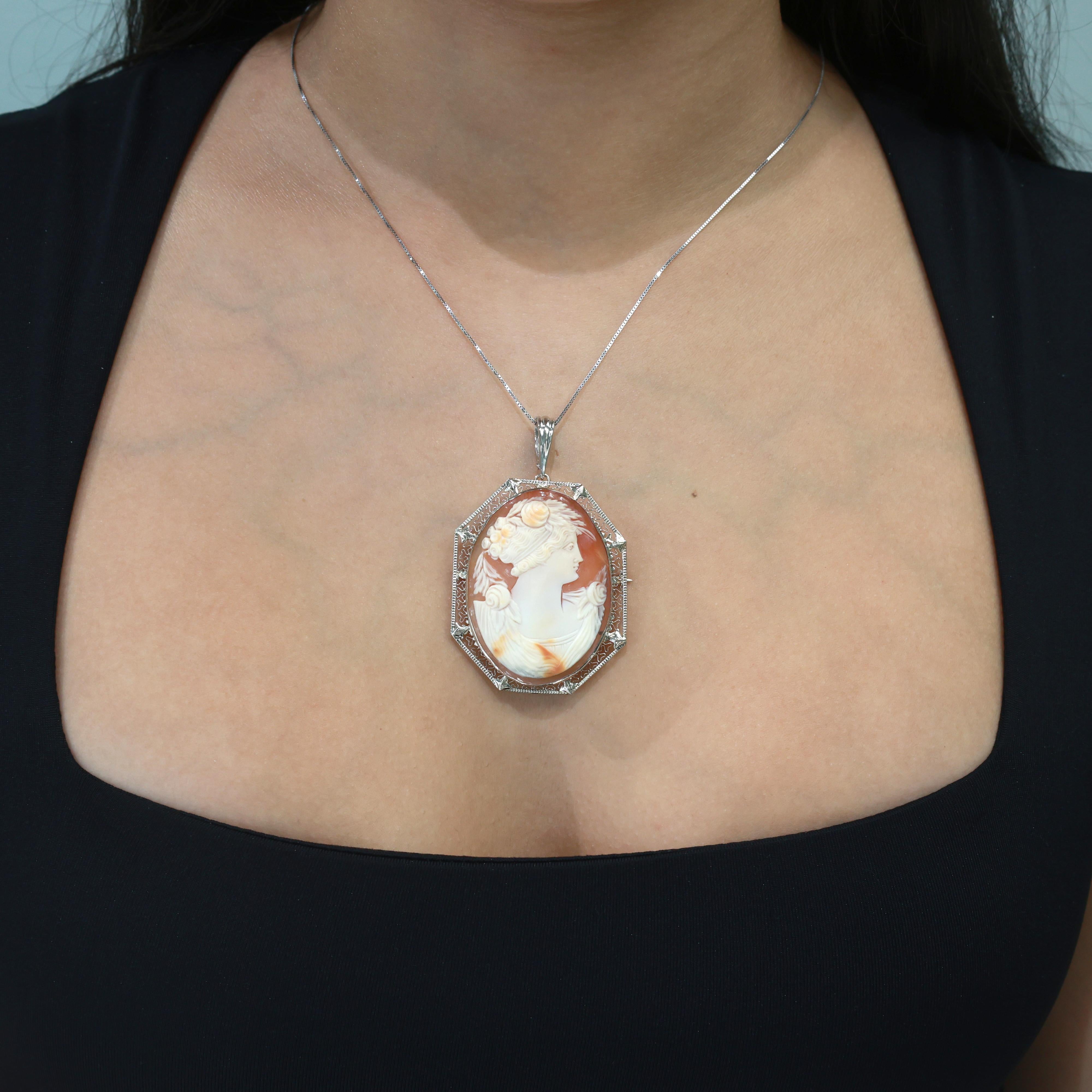 Vintage Cameo Brooch Pin Pendant White Gold Filigree Frame 2.55" Ladies