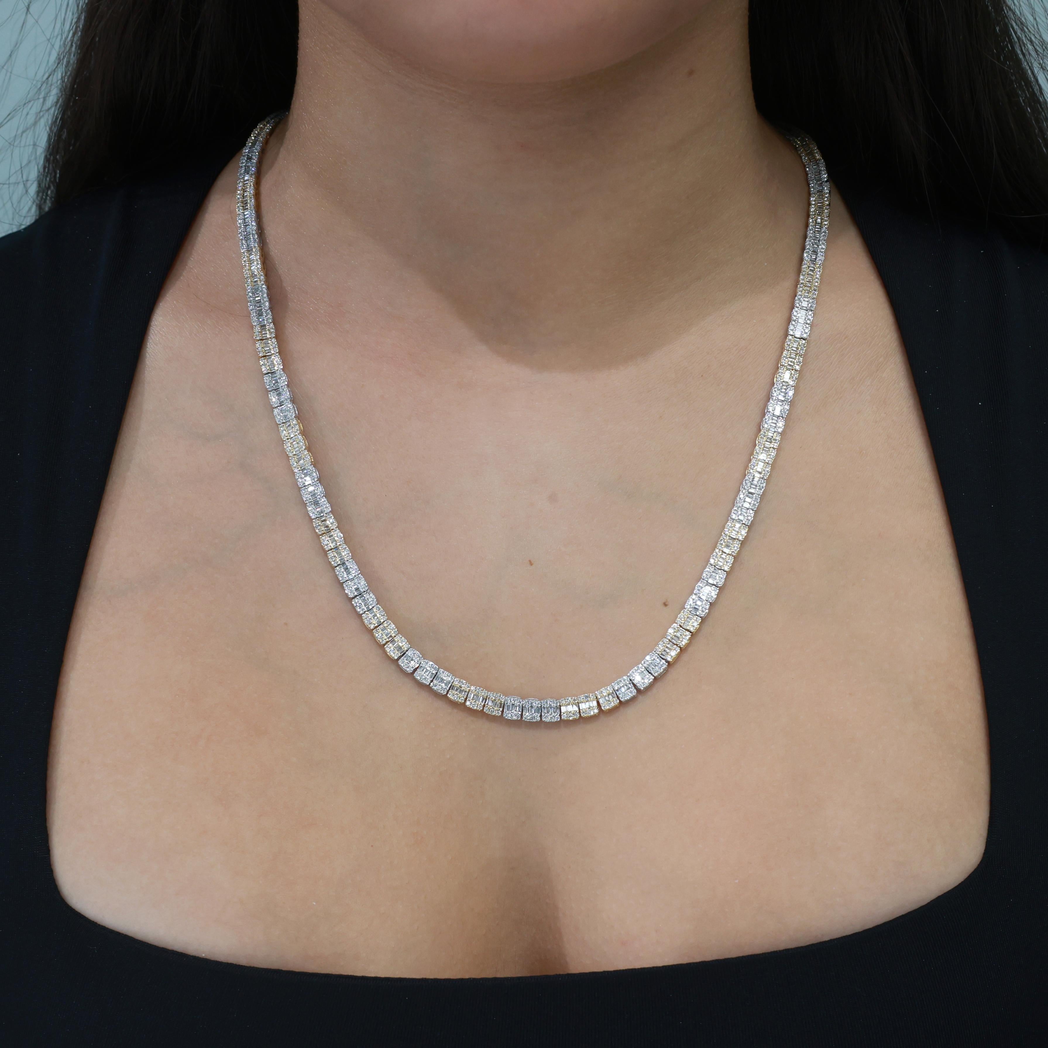 9.50 TW Diamond Tennis Necklace 10K Gold Round & Baguette Diamonds 22" Estate