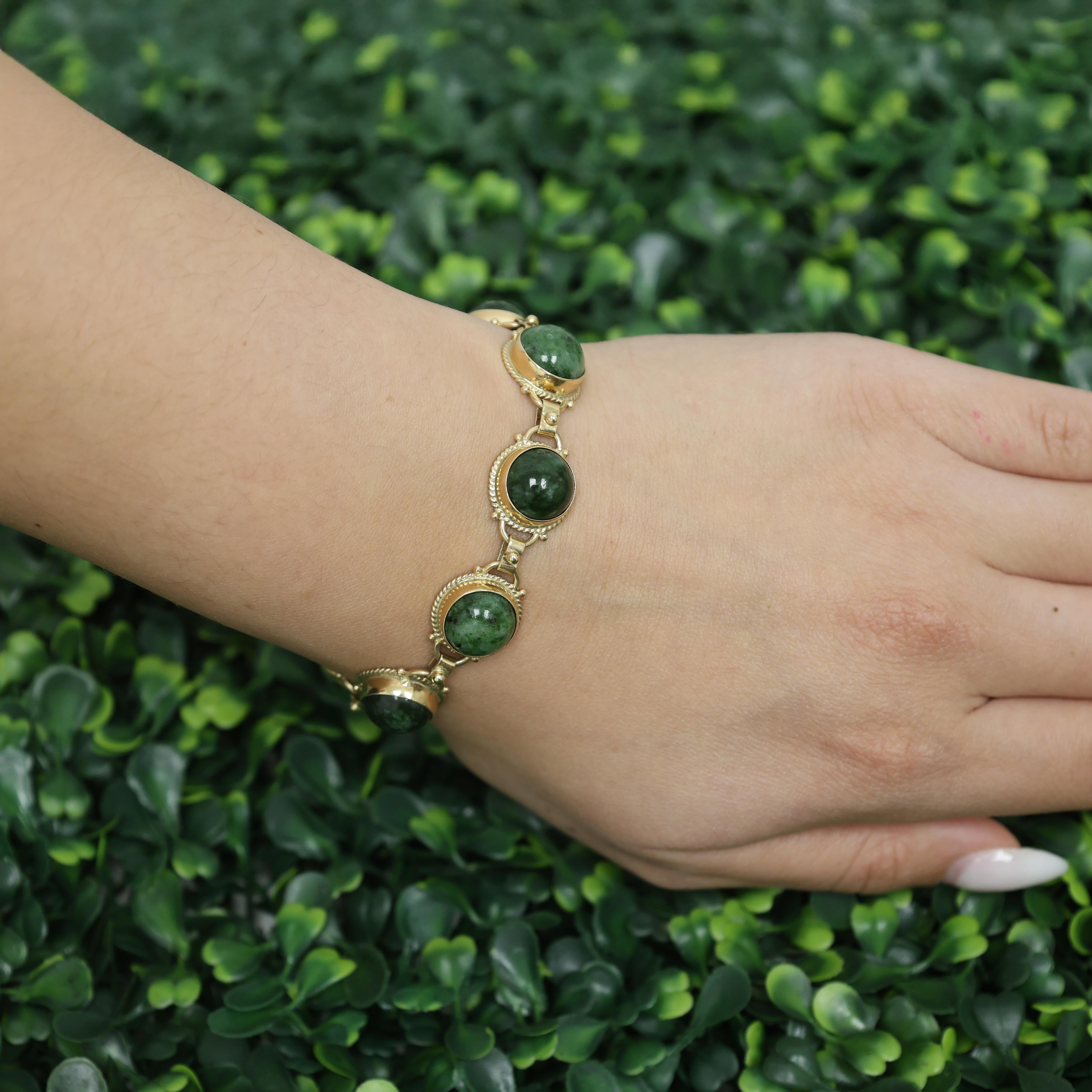 Cabochon Jadeite Gemstone Station Bracelet Yellow Gold 6.75" Unisex Estate