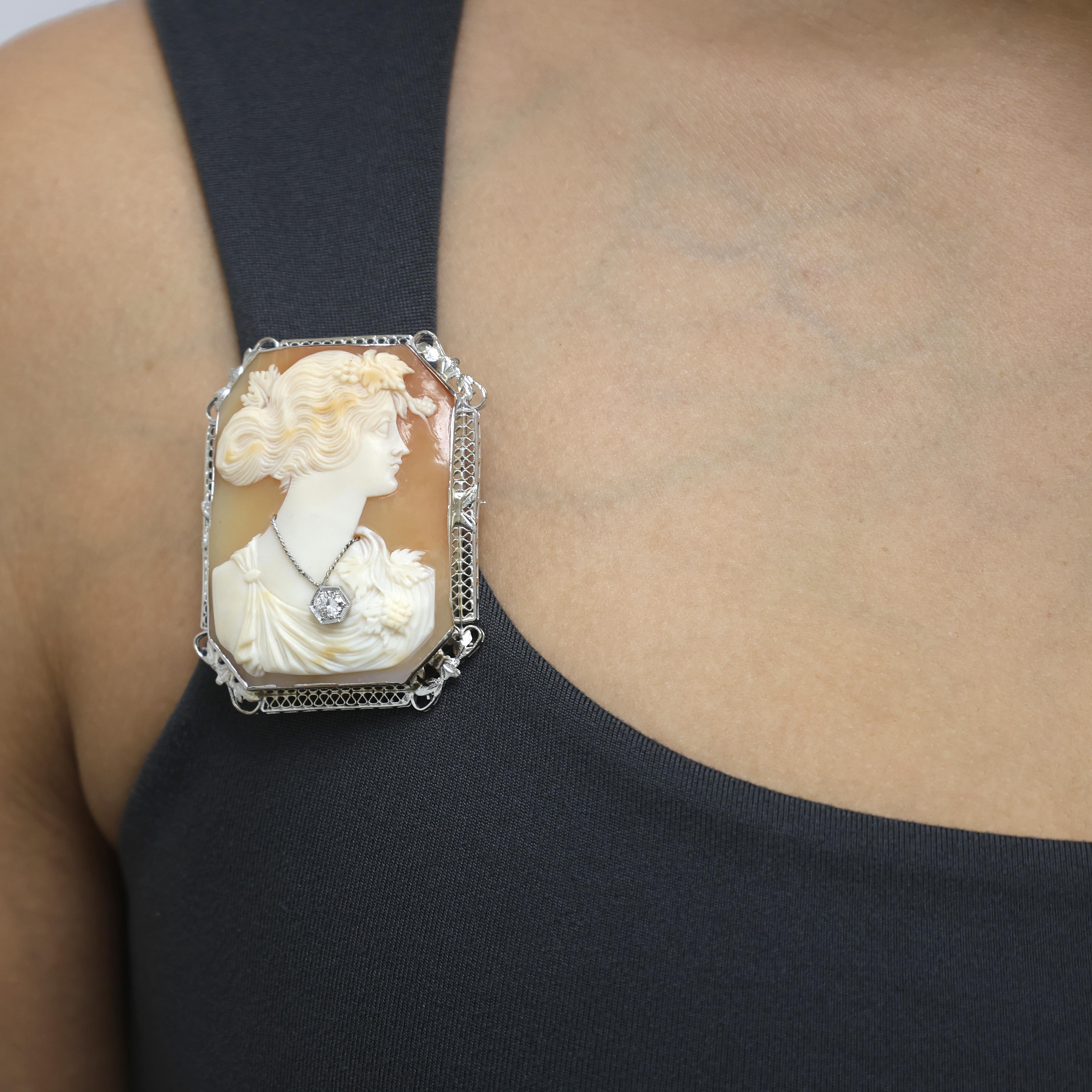 Vintage Large Art Nouveau Diamond Cameo Brooch Pin White Gold 2.25" Ladies