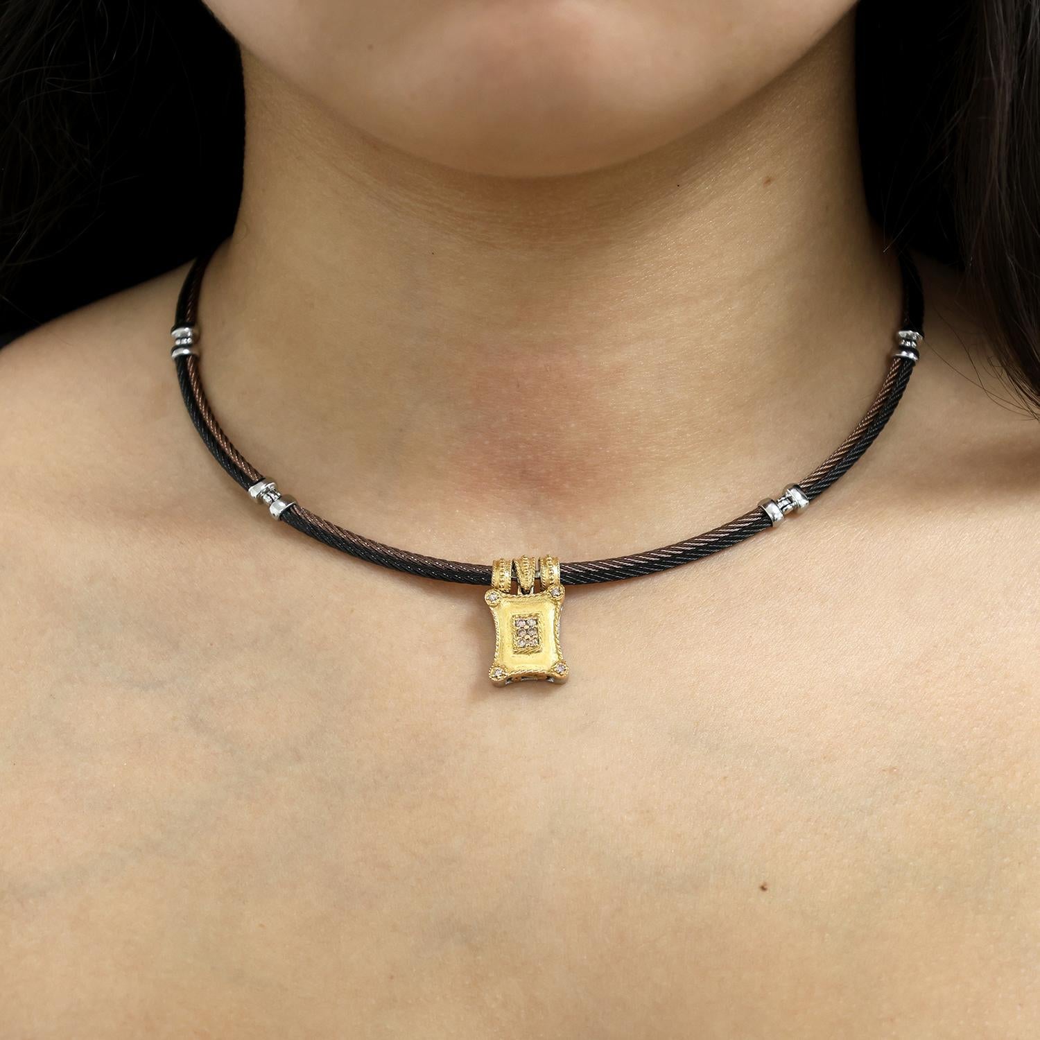 Philippe Charriol Diamond Pendant Double Cable Wire Necklace 18K Gold Steel 17"