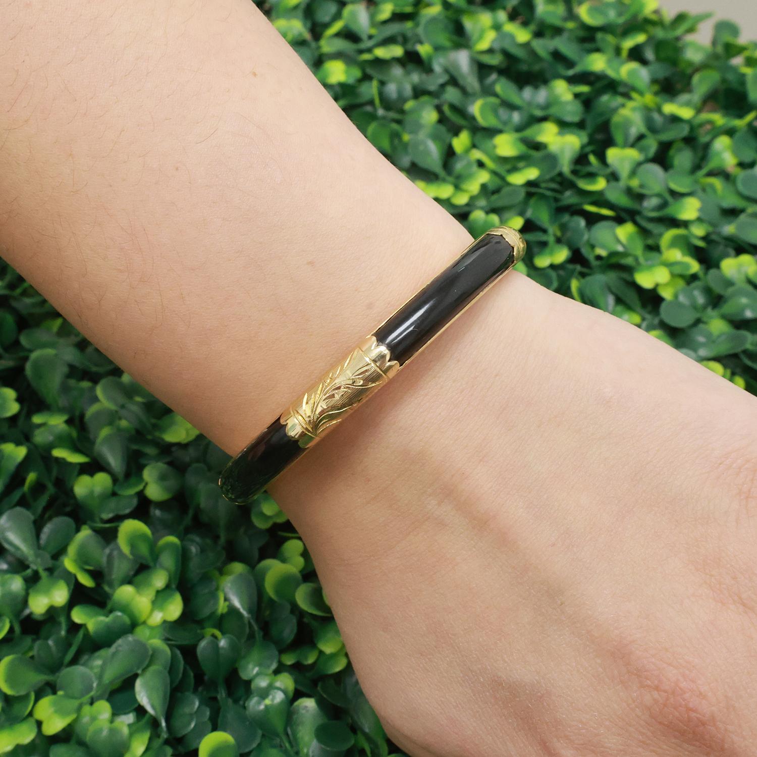Black Jadeite Gemstone Floral Bangle Bracelet 14K Yellow Gold 7" Estate