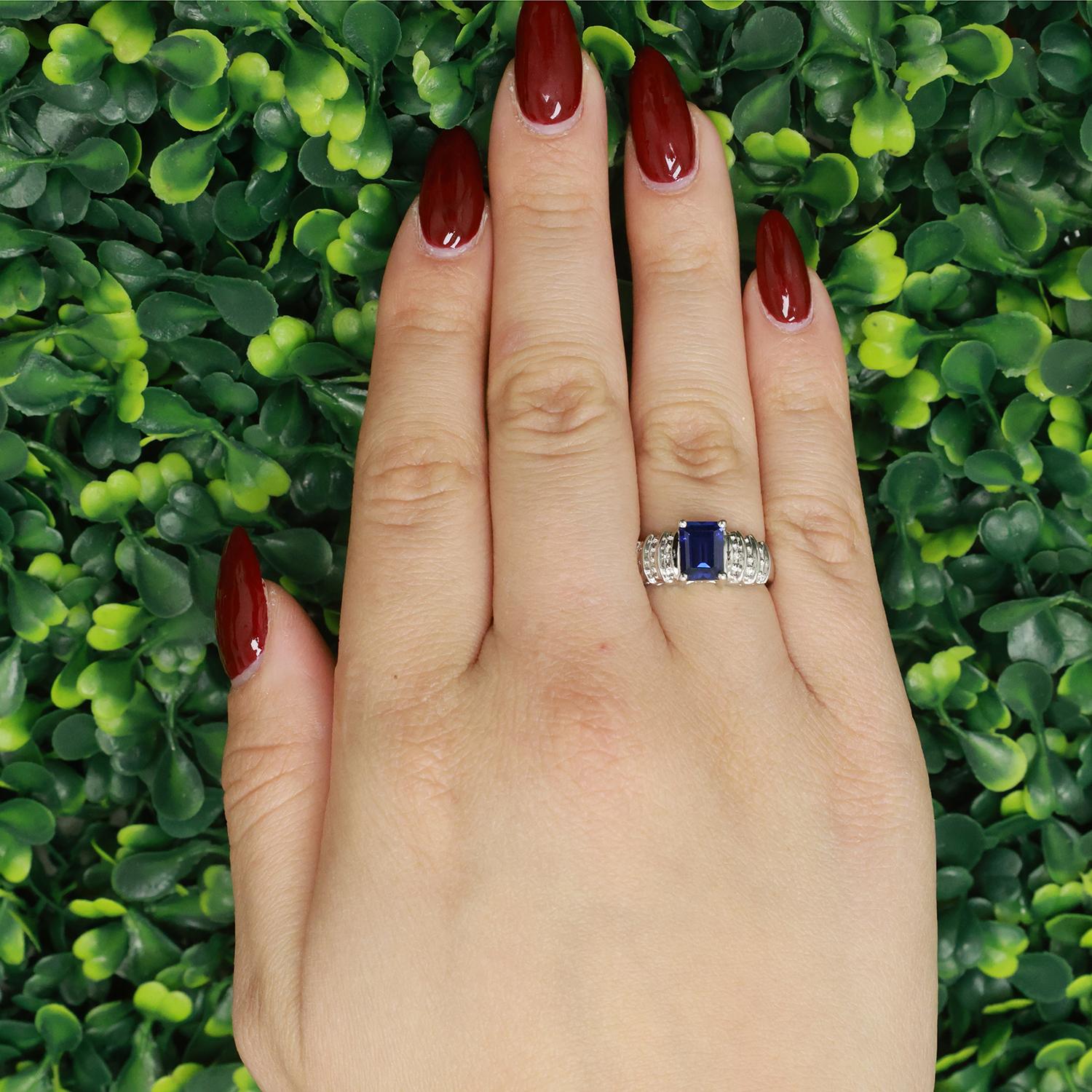 Emerald Cut Blue Sapphire Diamond Ring 10K White Gold 1.77 CTW Lab Grown SZ 6.5