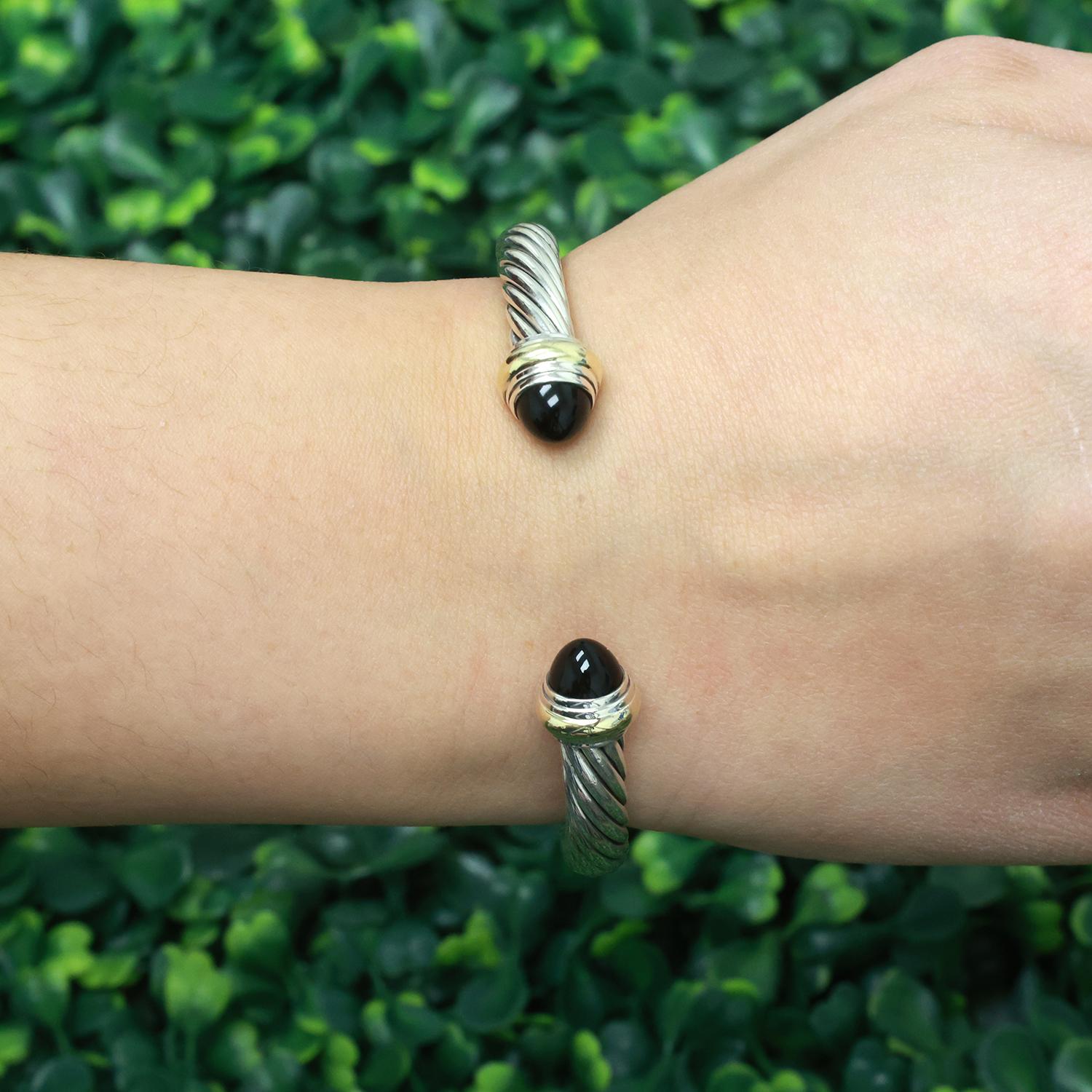 David Yurman Black Onyx Cable Bracelet Sterling Silver 14K Gold 7 mm 6.75"