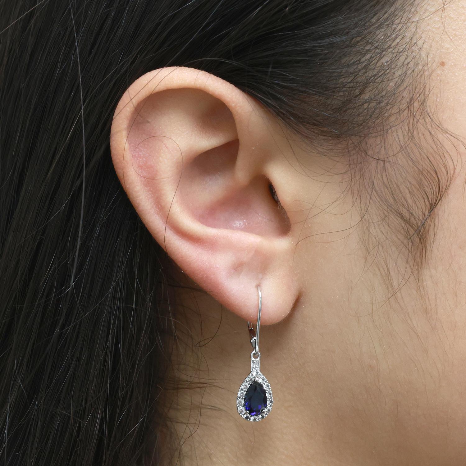 Blue and White Sapphire Teardrop Dangle Drop Earrings 10K White Gold 1.15"