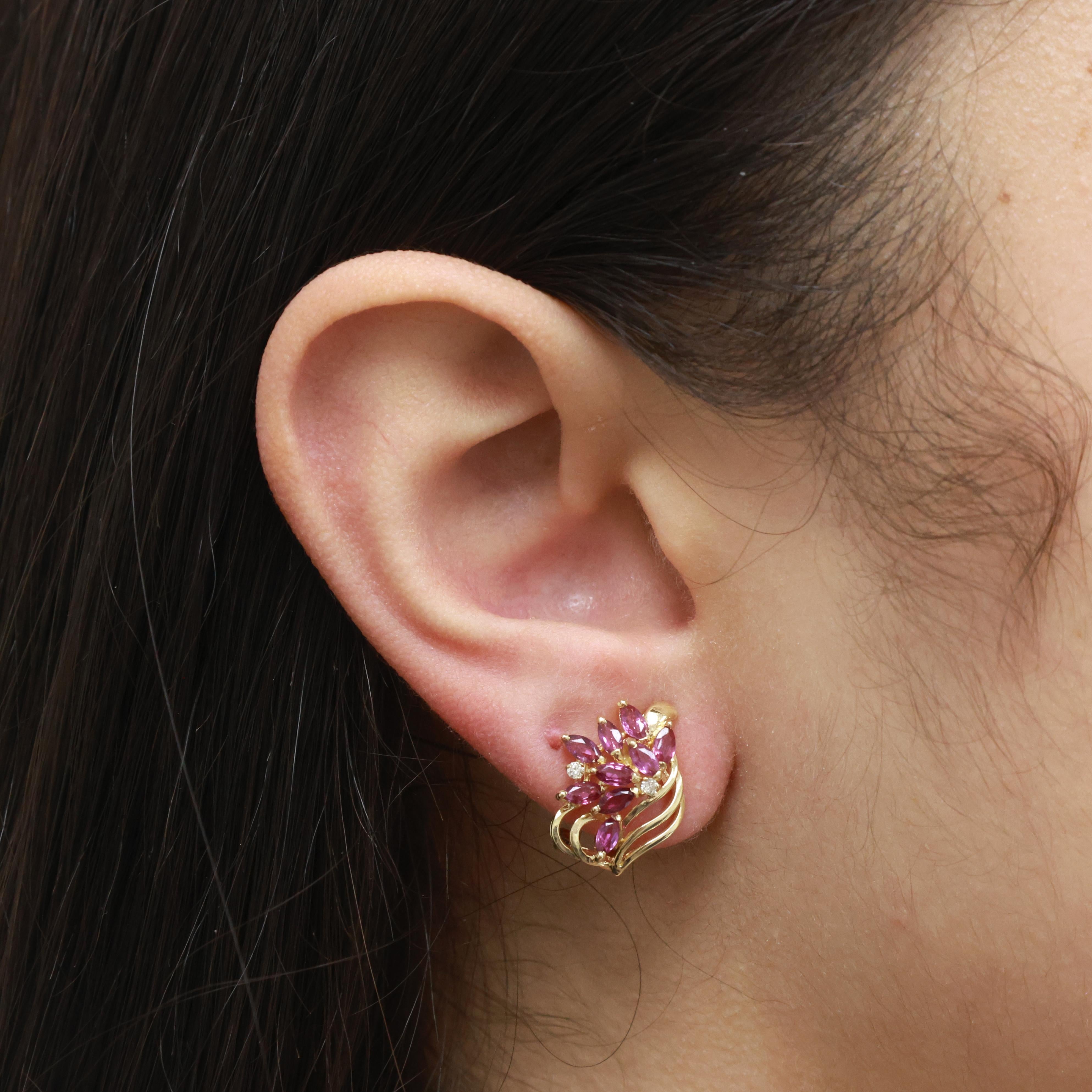 Floral Ruby Diamond Drop Earrings 14K Yellow Gold 0.58 CTW Omega Backs Vintage