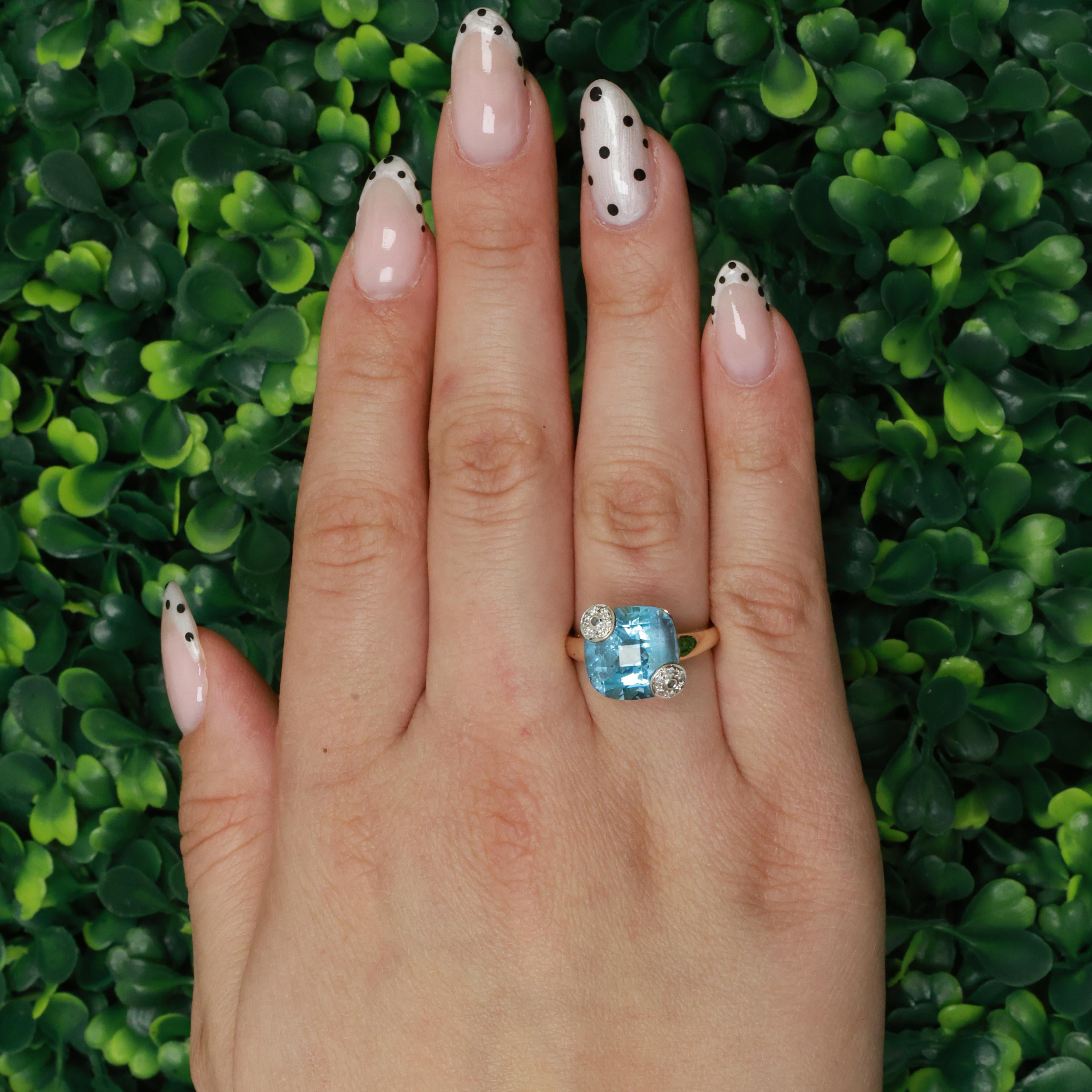 Solitaire Checkerboard Blue Topaz Diamond Accent Ring 14K Gold 9.68 CTW Size 7