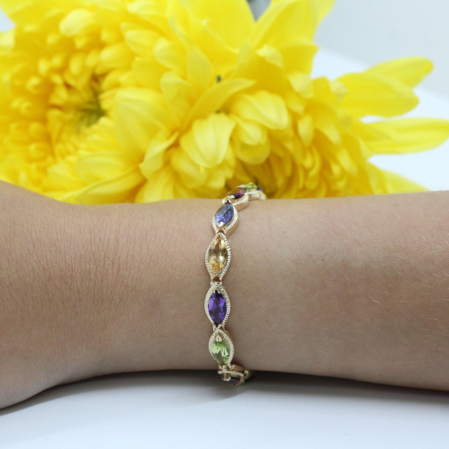 10.00 CTW Multi Colored Marquise Gemstone Bracelet 14K Yellow Gold 7" Ladies
