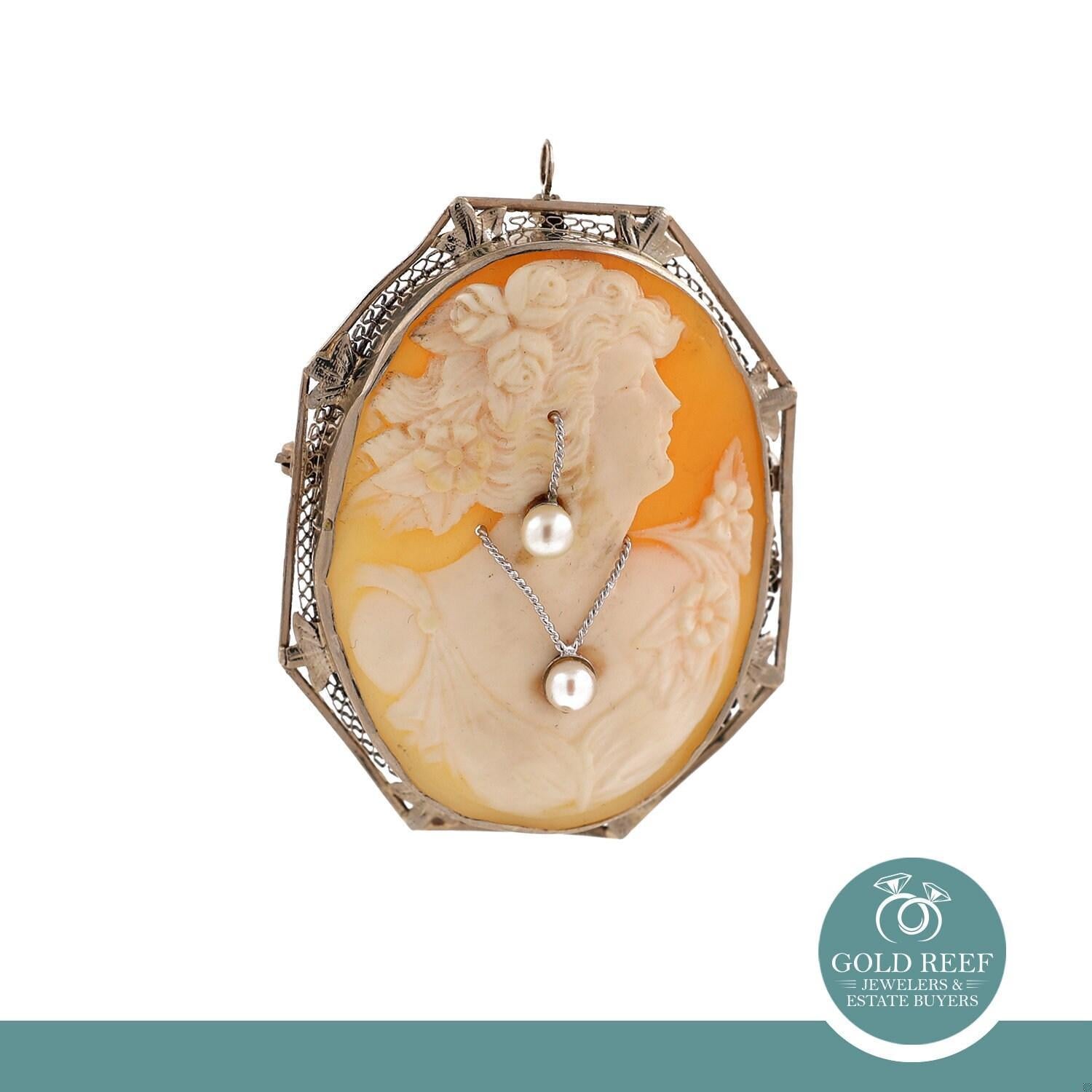 Pearl Cameo Brooch Pin Pendant 14K White Gold Filigree Frame Ladies Estate