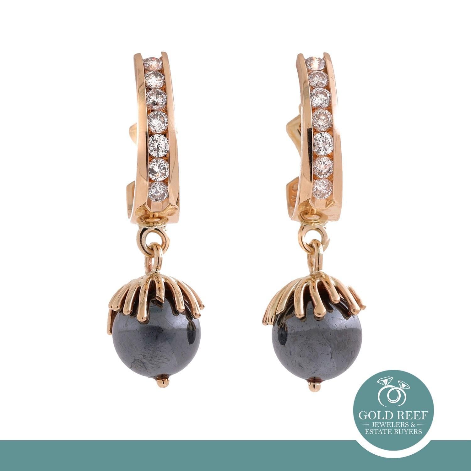 Hematite Diamond Drop Dangle Earrings Yellow Gold Omega Backs 1.18" Ladies