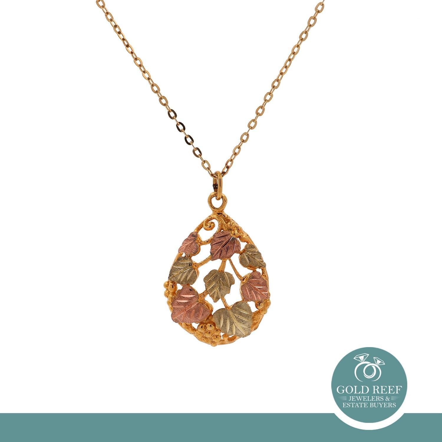 Black Hills Teardrop Pendant Chain Necklace Grape Leaf 10K 12K Tri-Colored Gold