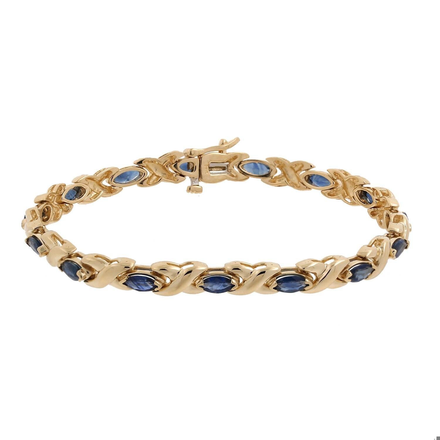 Blue Sapphire Station X Link Bracelet 14K Yellow Gold 4.20 CTW 7" Estate
