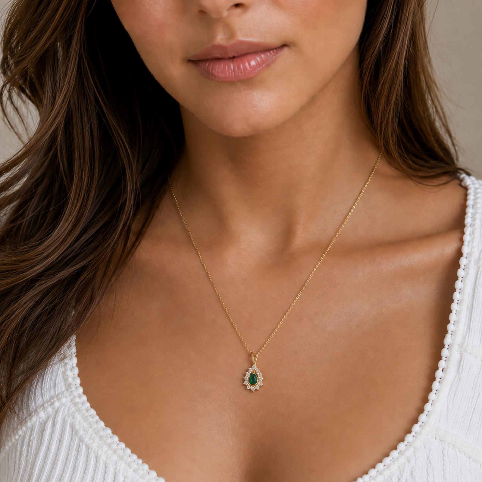 Natural Emerald Halo Diamond Pendant 14K Yellow Gold 0.75 CTW Pear Cut
