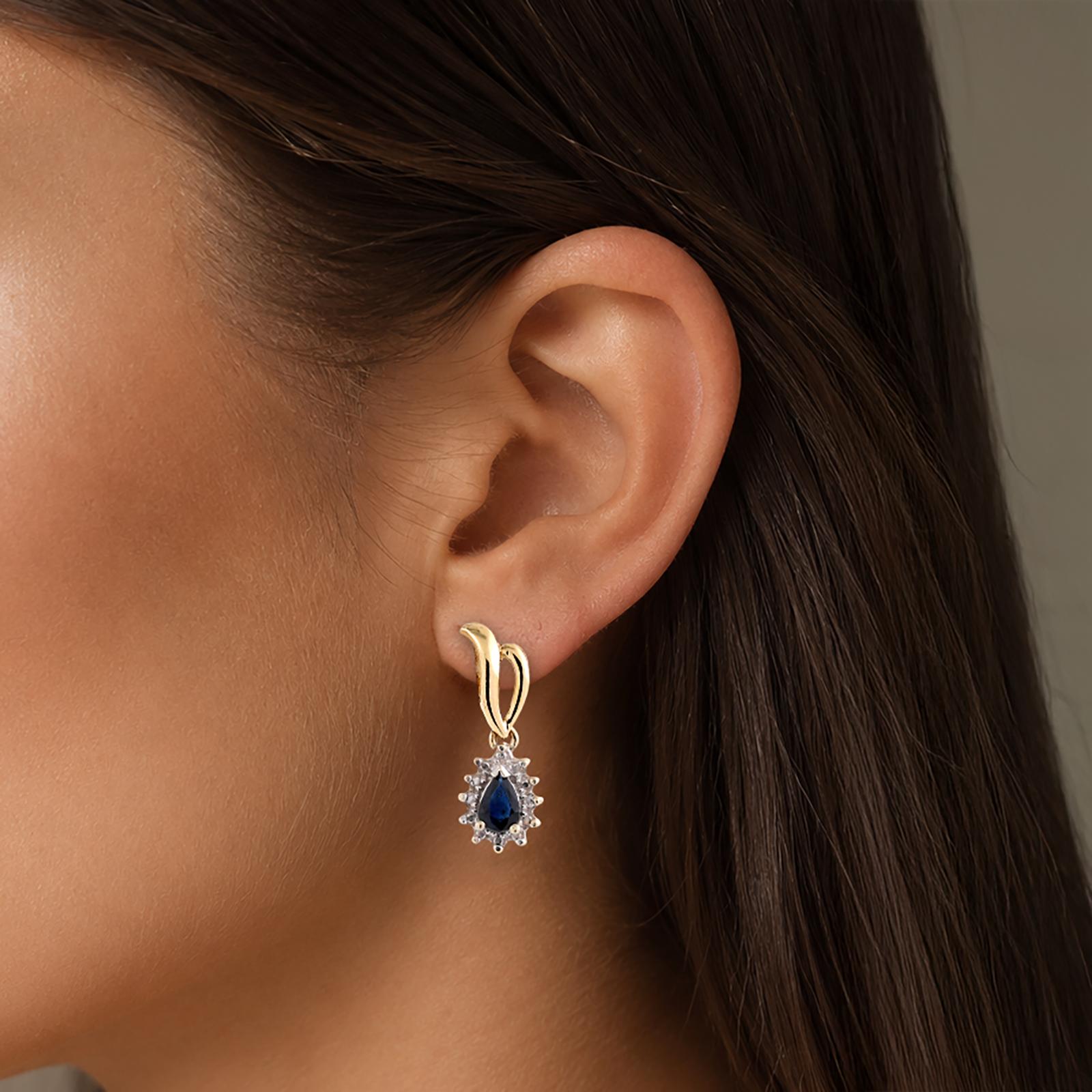 Pear Blue Sapphire Diamond Halo Drop Earrings 14K Two Tone Gold Estate 0.84CTW