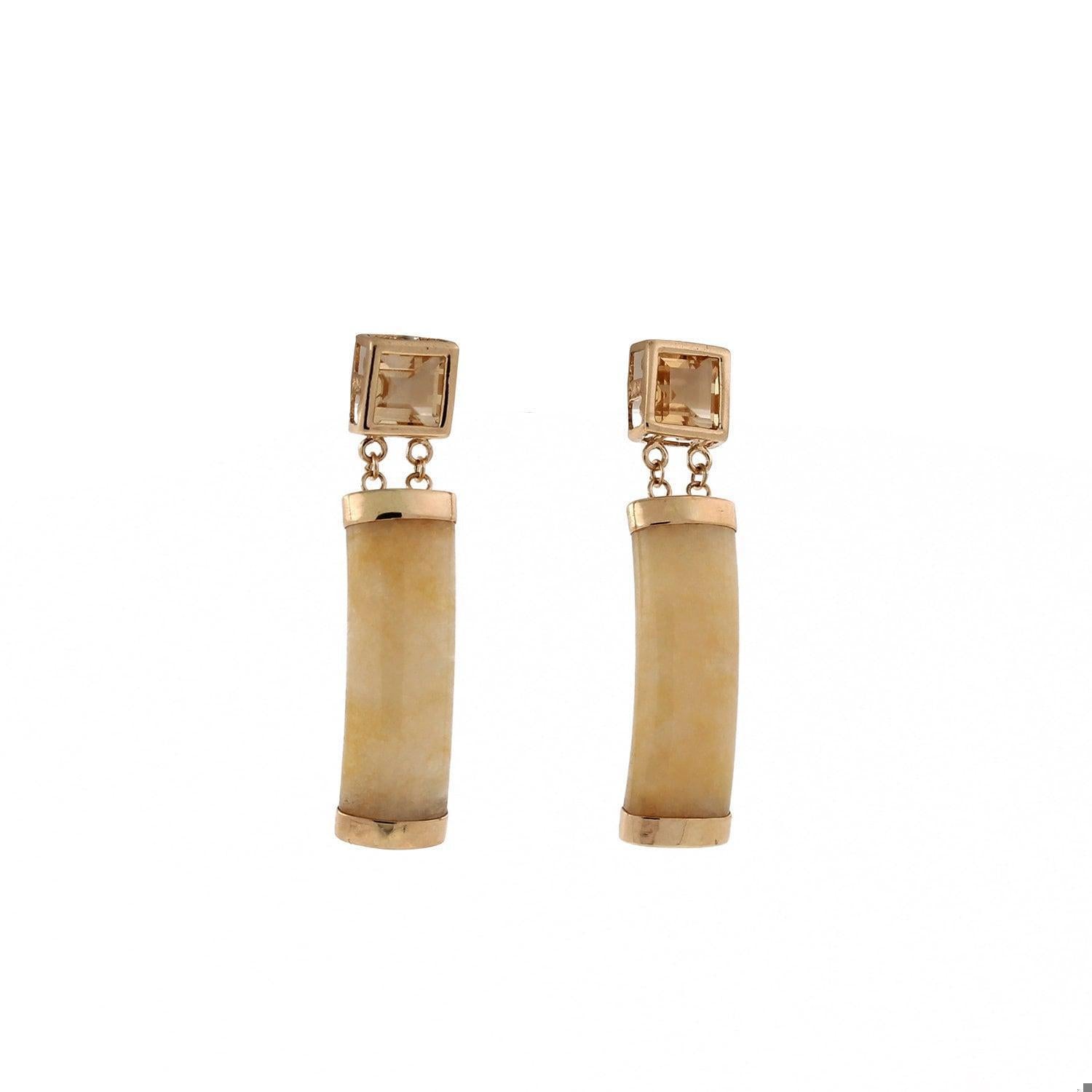 Vintage Citrine Jadeite Jade Drop Dangle Earrings 14K Yellow Gold 1.18"