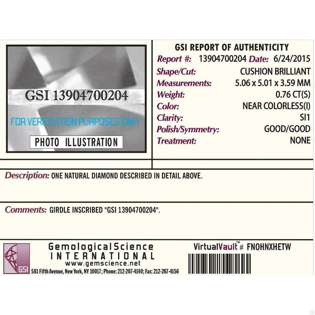 1.08 TW Cushion Cut Solitaire Diamond Engagement Ring GSI Cert. 14K White Gold