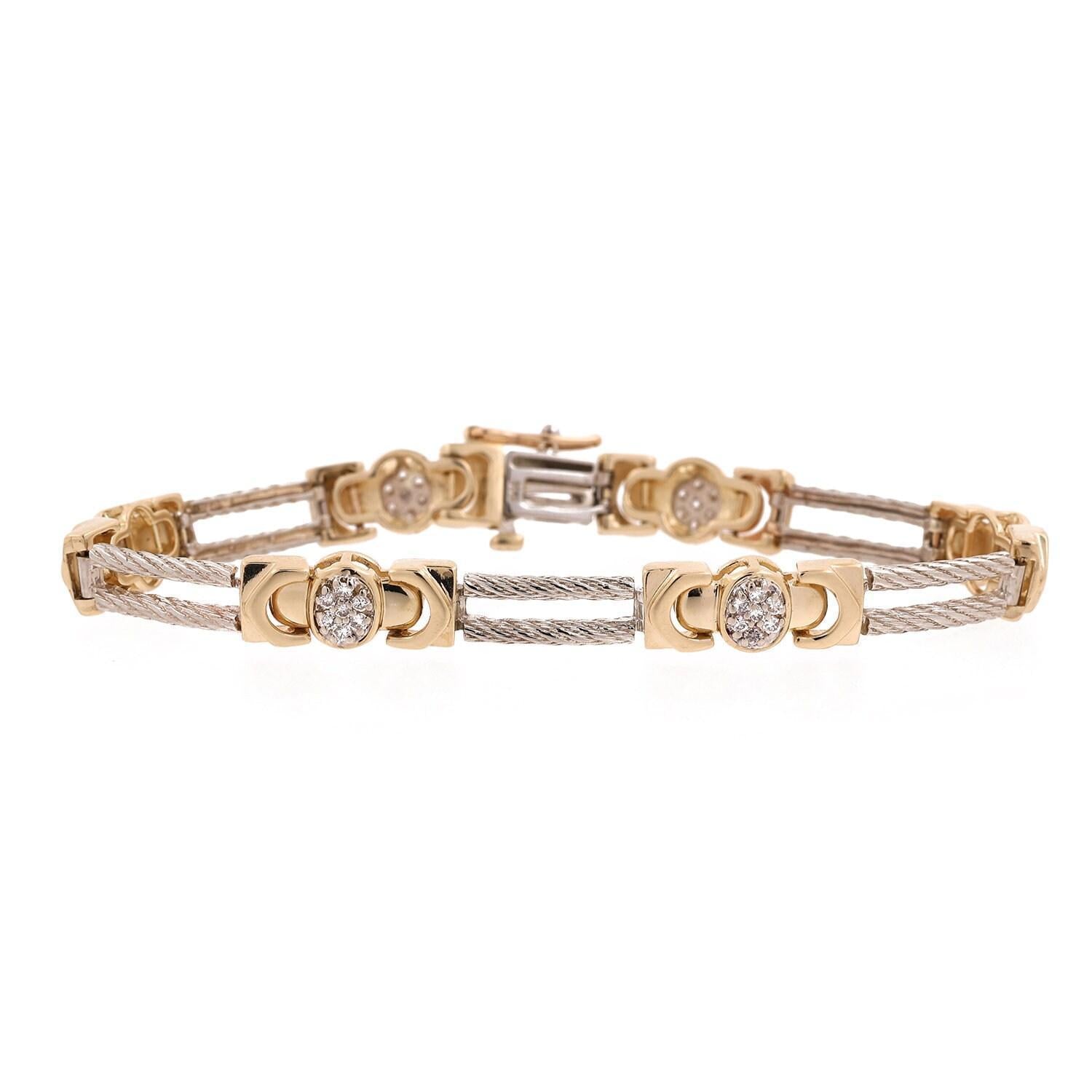Diamond Cable Link Station Bracelet 14K Two-Tone Gold 0.84 TW 7.25" Estate