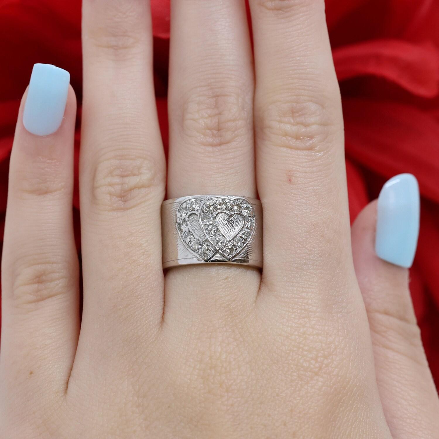 Diamond Double Heart Wide Band Ring 14K Textured White Gold 12 mm Wide Size 5