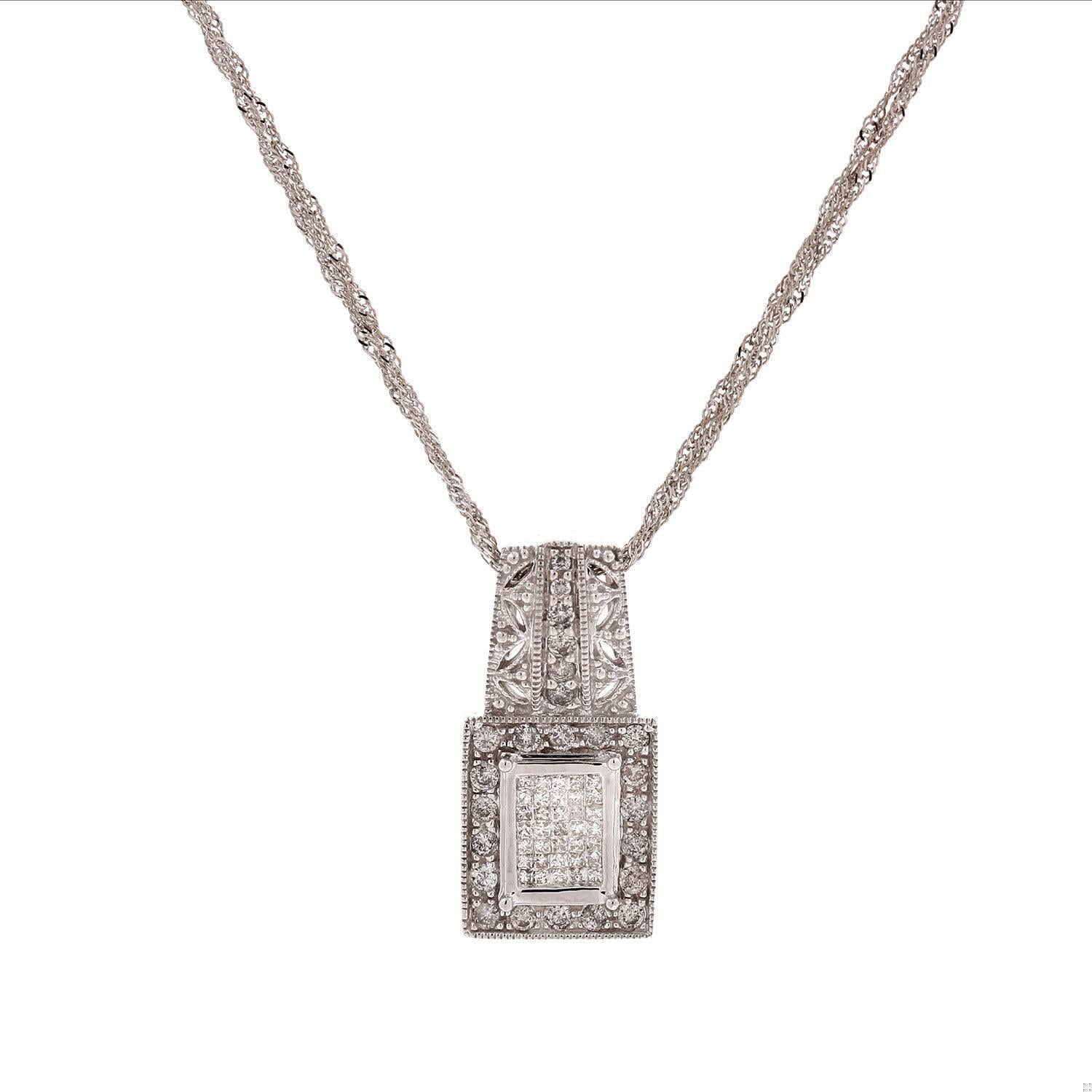 1.30 TW Diamond Filigree Square Pendant Chain Necklace 14K W/Gold 19"