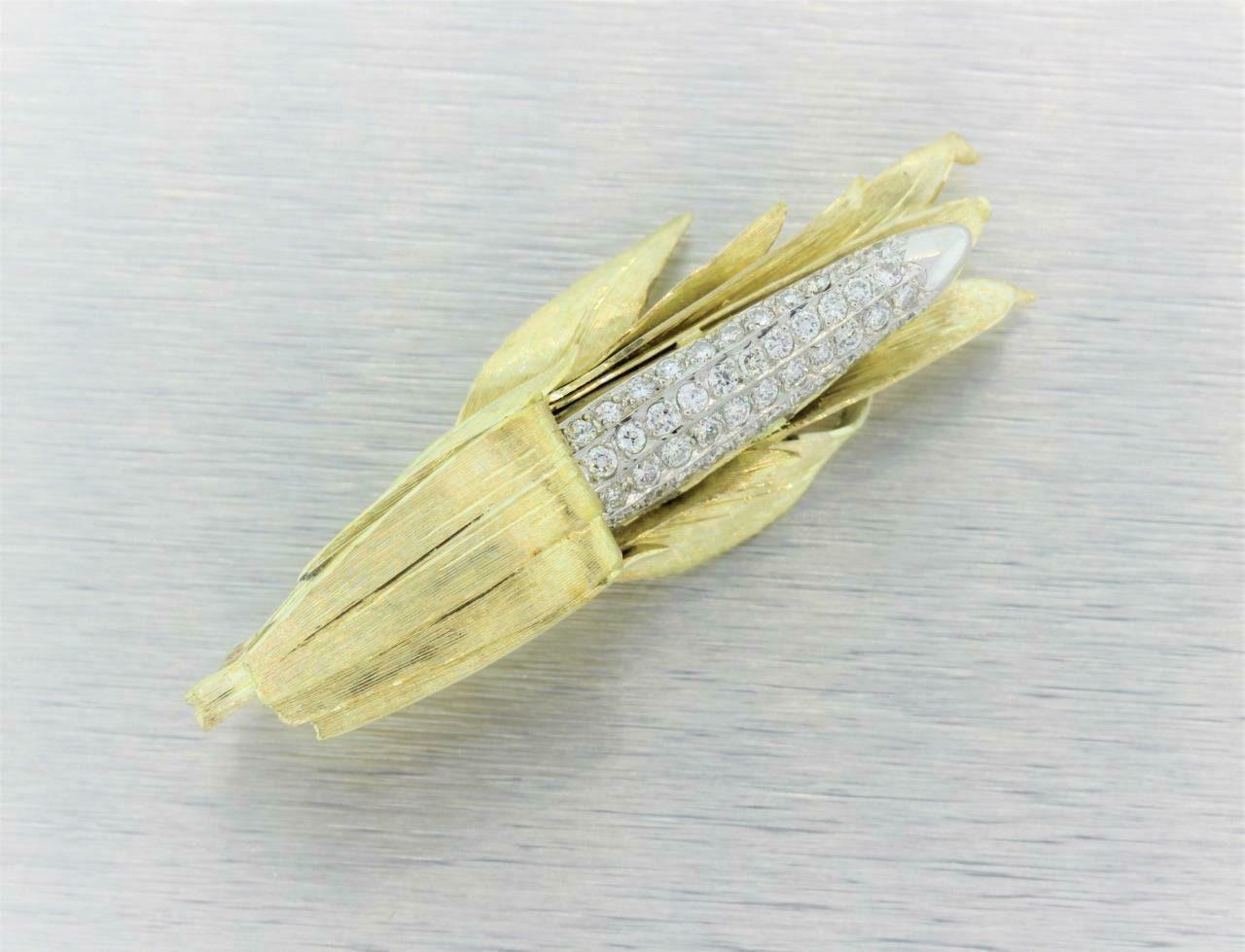 Estate Diamond Corn Stalk Ladies Brooch 18K Two-Tone Gold 1.25 CTW Diamonds