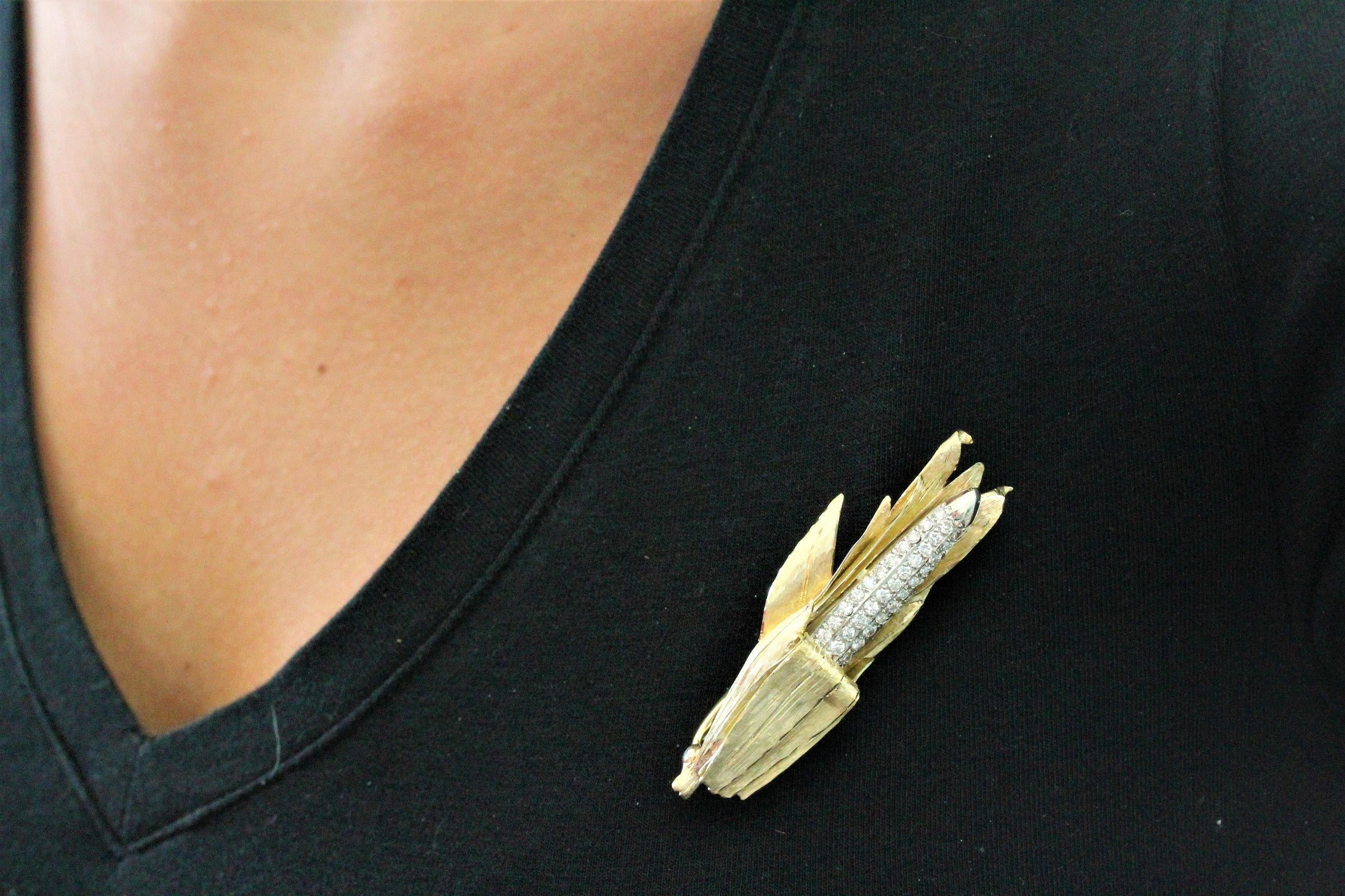 Estate Diamond Corn Stalk Ladies Brooch 18K Two-Tone Gold 1.25 CTW Diamonds