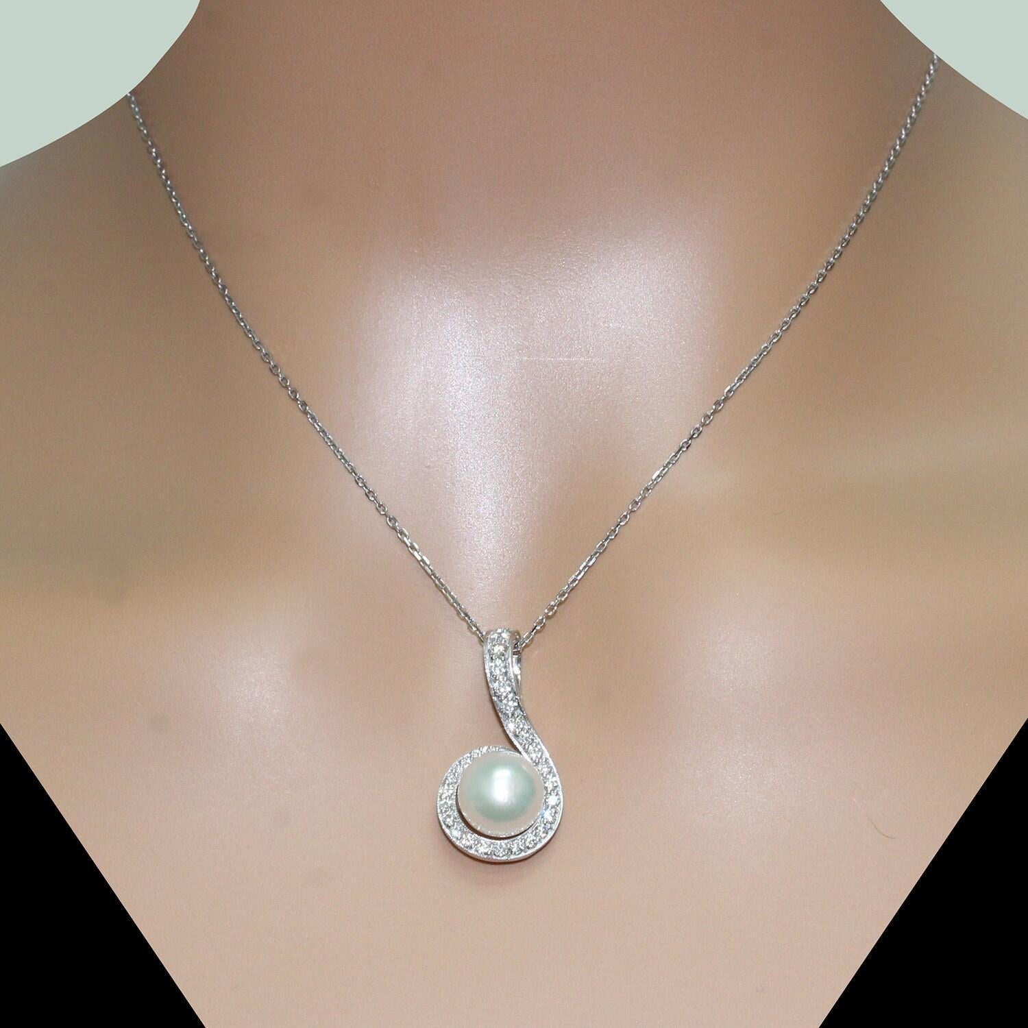 Estate Pearl Diamond Swirl Pendant 18K W/Gold 0.60 TW Diamonds 1" Snap Clasp