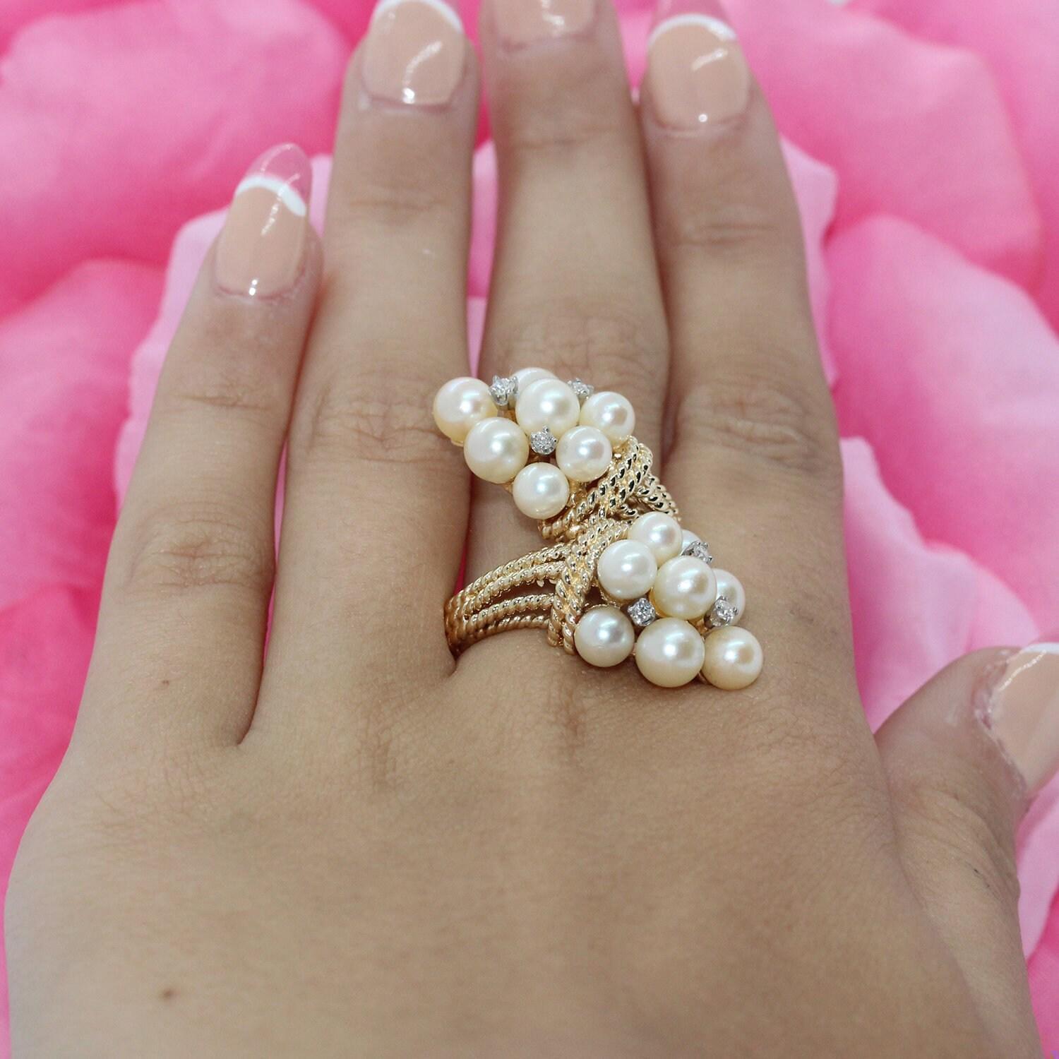 Freshwater Pearl Diamond Bypass Ring Yellow Gold Size 8.5 Ladies Vintage