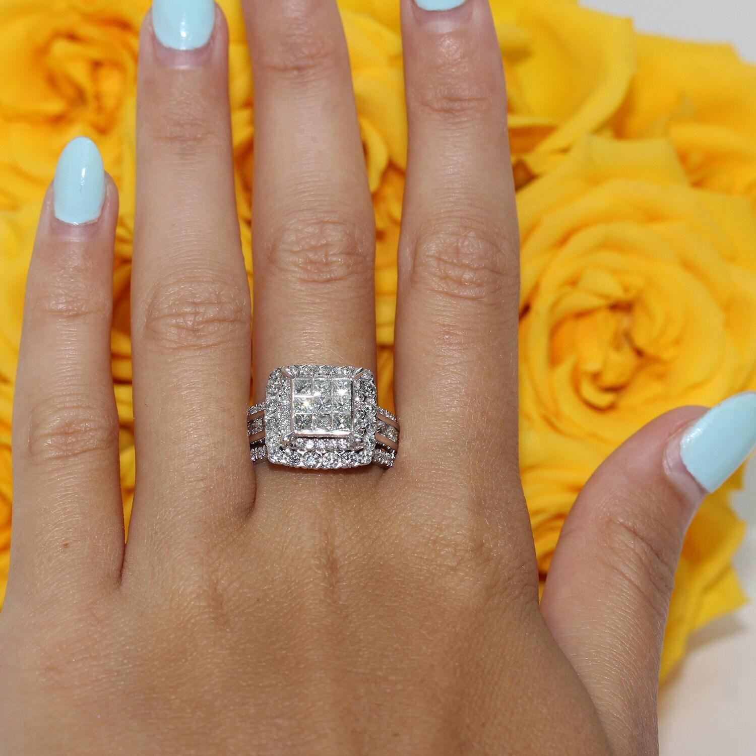 Halo Diamond Engagement Ring 14K White Gold 3.00 TW Princess Round Diamonds SZ 8