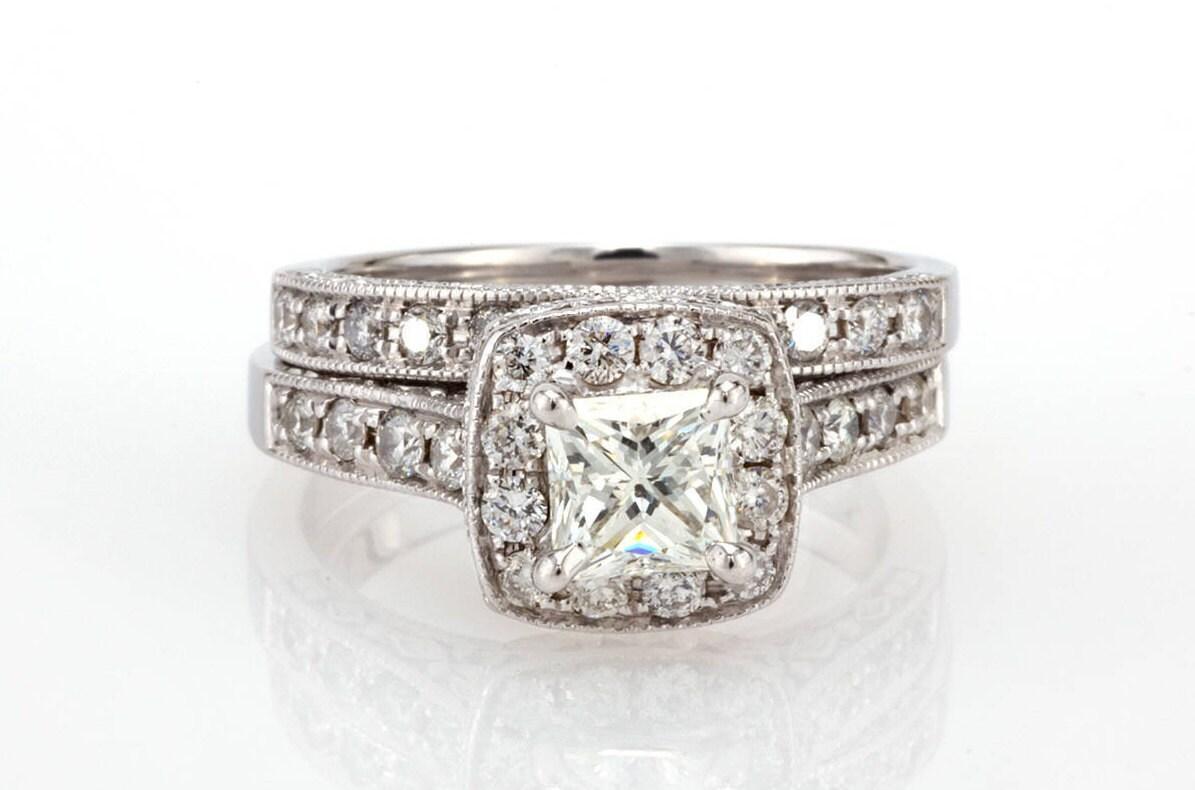 2.00 TW Halo Diamond Engagement Ring Set GSI Cert 14K White Gold Size 6.5 Ladies