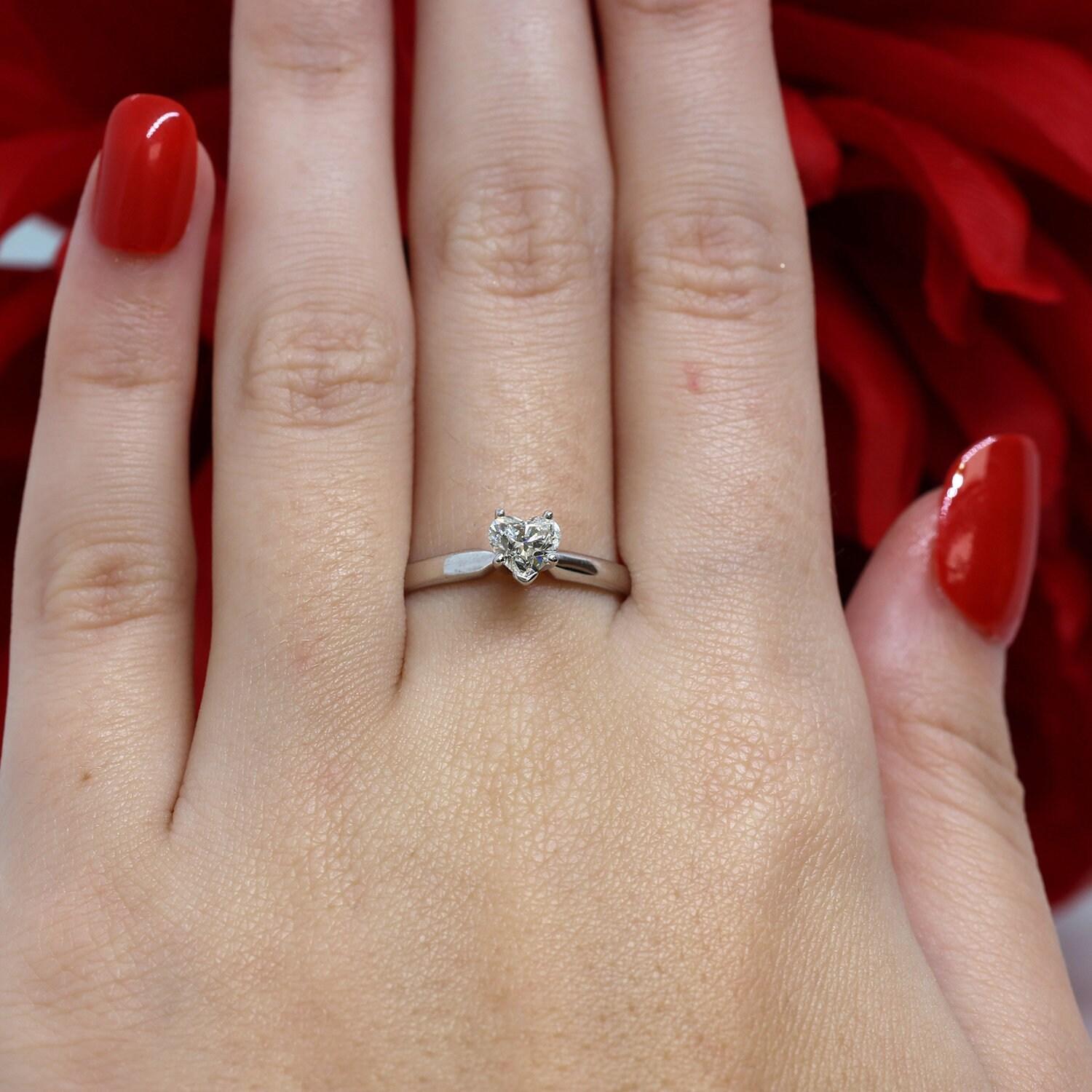 Heart Shape Diamond Solitaire Engagement Ring 14K White Gold 0.40 CT Size 8