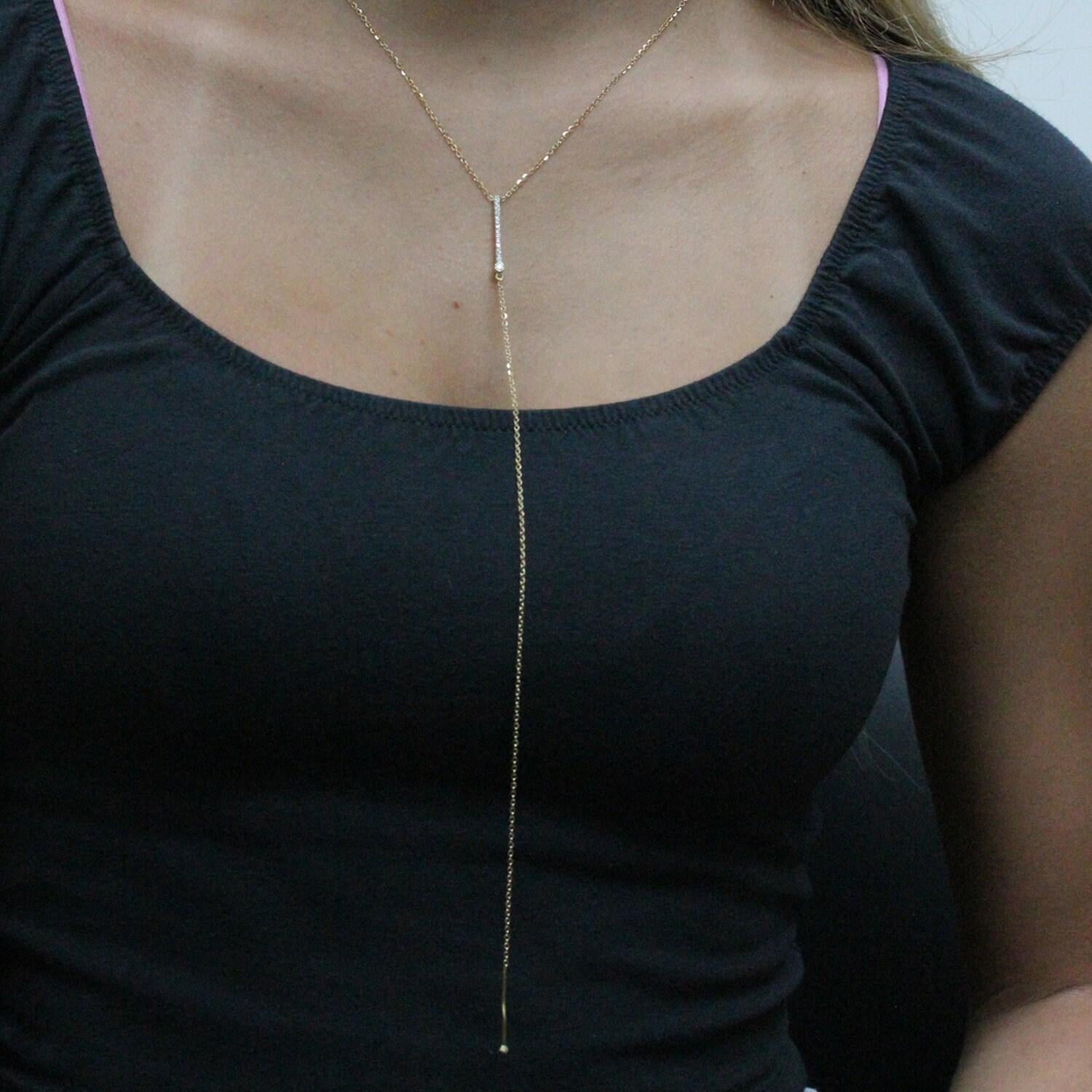 Long Y-Drop Cable Link Chain Necklace 18K Yellow Gold Cubic Zirconia Gems 16.5"