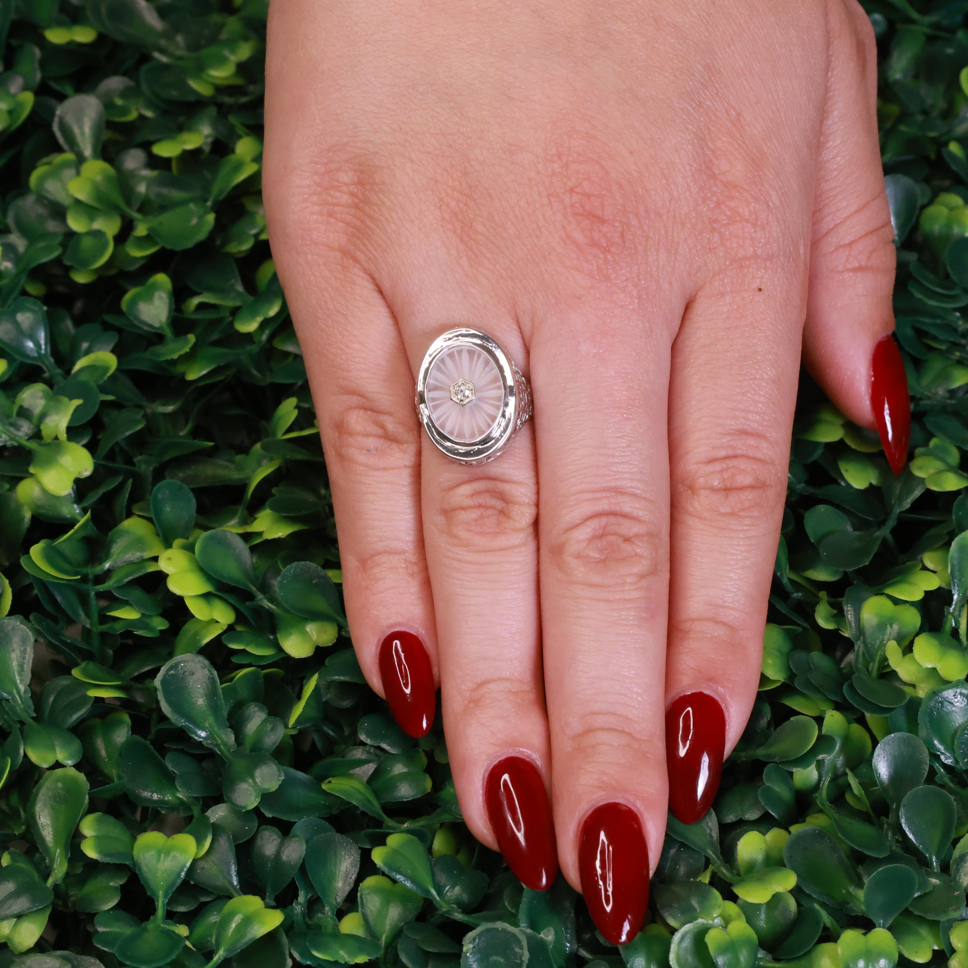 Art Deco Camphor Glass Filigree Diamond Ring 14K White Gold Size 7 Estate