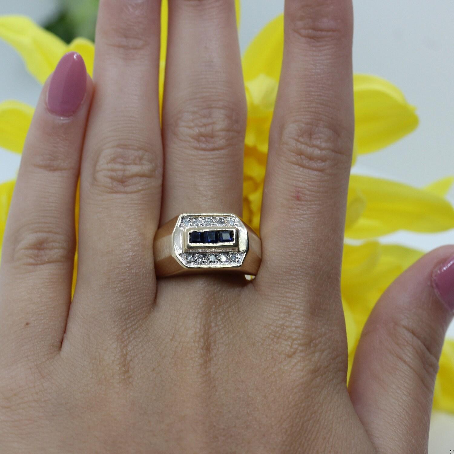 Mens Sapphire Diamond Ring 14K Yellow Gold 0.44 CTW Size 9.75 Estate