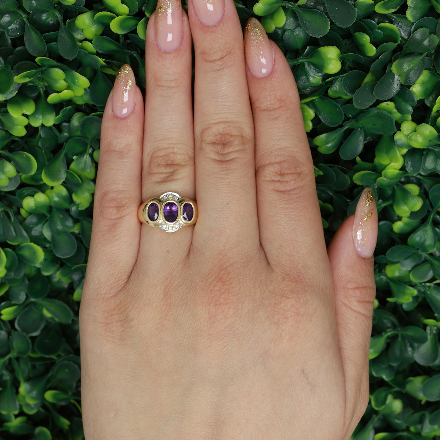 3-Stone Oval Amethyst Diamond Accent Ring 14K Gold 0.94 CTW Size 6 Estate